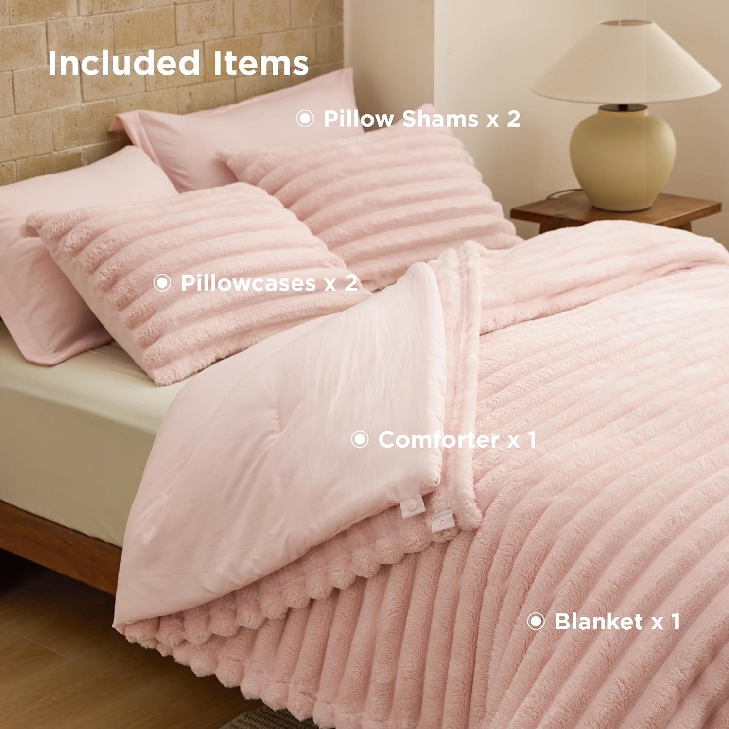 image:imageBedsure Gentlesoft 2in1 Queen Comforter Set and Detachable Fluffy Blanket Beige Bedding Set for All Season Use Detachable Design for Space Saving Includes 2 Pillow Shams 2 Pillowcases06 Pink