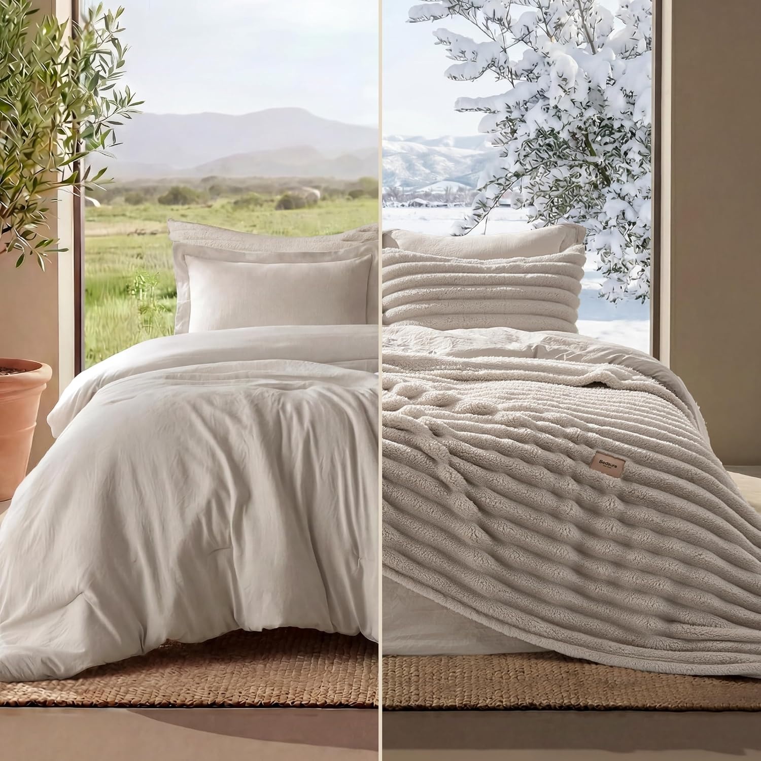 image:imageBedsure Gentlesoft 2in1 Queen Comforter Set and Detachable Fluffy Blanket Beige Bedding Set for All Season Use Detachable Design for Space Saving Includes 2 Pillow Shams 2 Pillowcases01 Beige