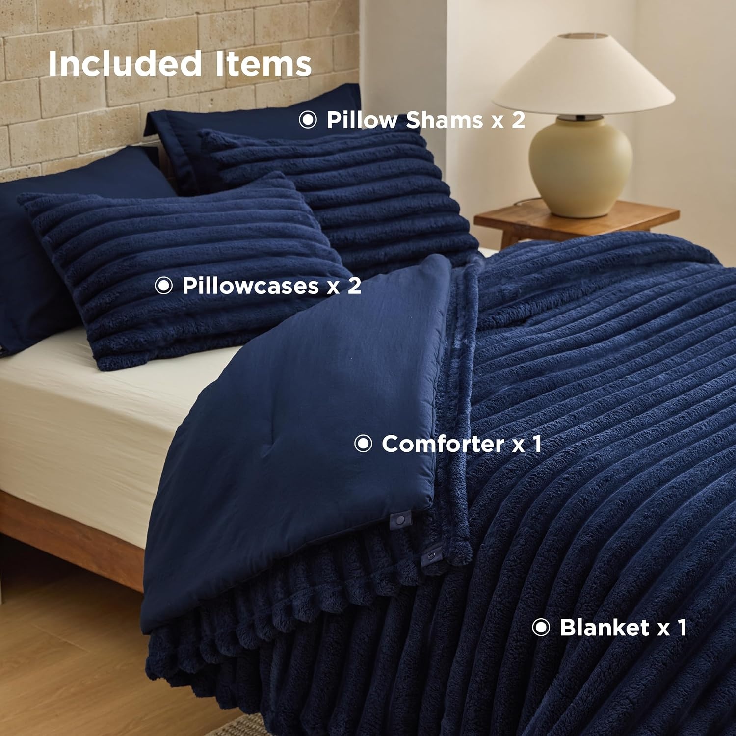 image:imageBedsure Gentlesoft 2in1 Queen Comforter Set and Detachable Fluffy Blanket Beige Bedding Set for All Season Use Detachable Design for Space Saving Includes 2 Pillow Shams 2 Pillowcases05 Navy Blue