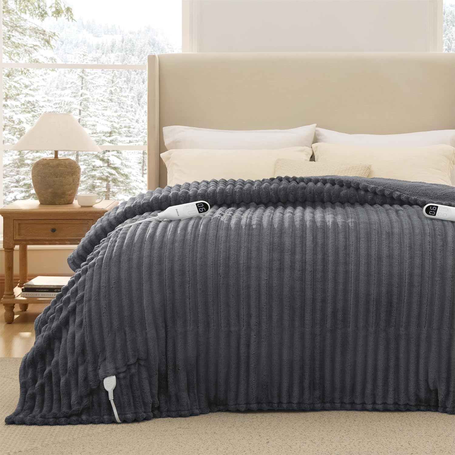 image:imageBedsure Heated Blanket Electric Throw Thick Striped Fast Heating Electric Blanket with Preheat Function 6 Heat amp 6 Timer Up to 10H 8H Auto Off ETL Certified Gifts for Women 50x60 White02 Grey