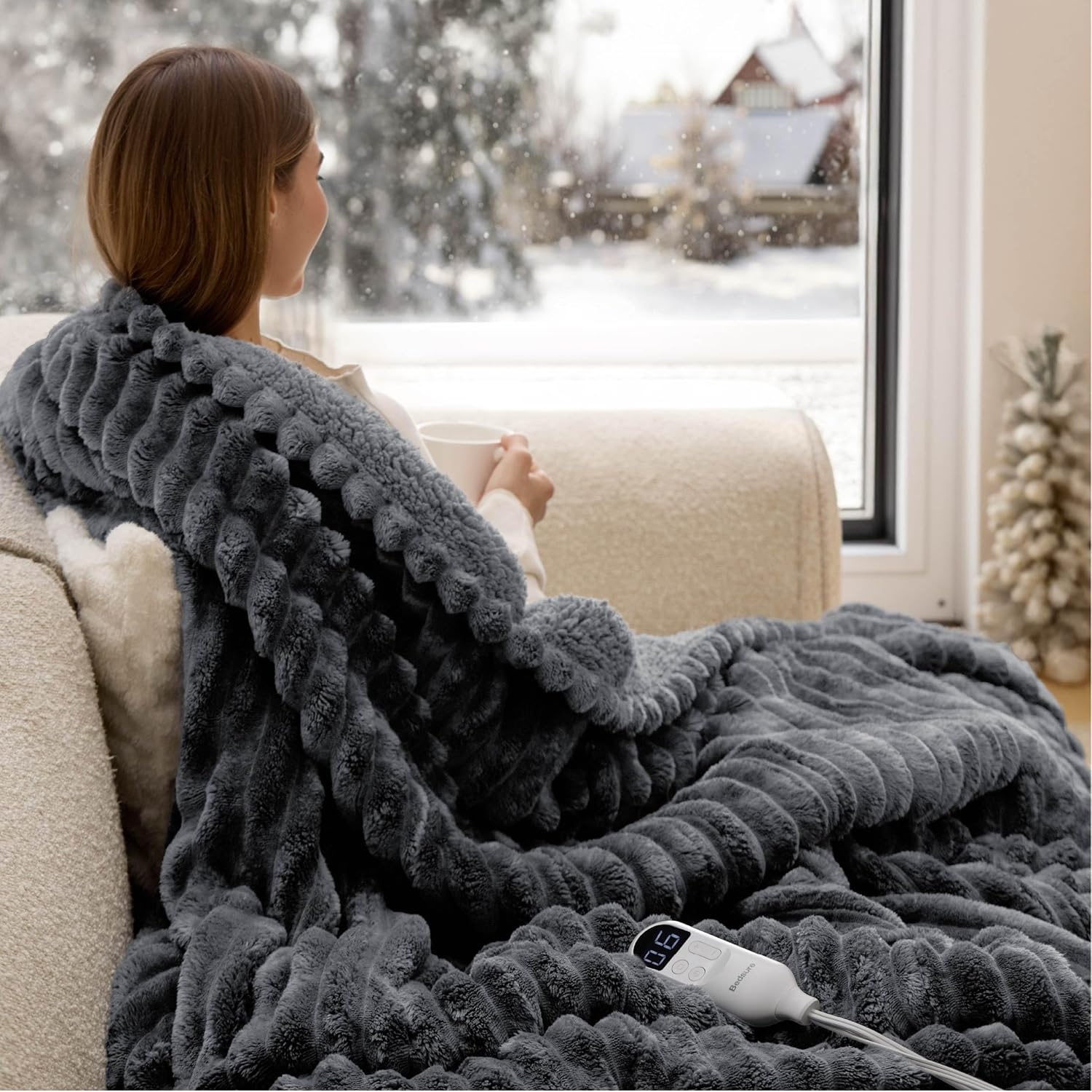 image:imageBedsure Heated Blanket Electric Throw Thick Striped Fast Heating Electric Blanket with Preheat Function 6 Heat amp 6 Timer Up to 10H 8H Auto Off ETL Certified Gifts for Women 50x60 White02 Grey