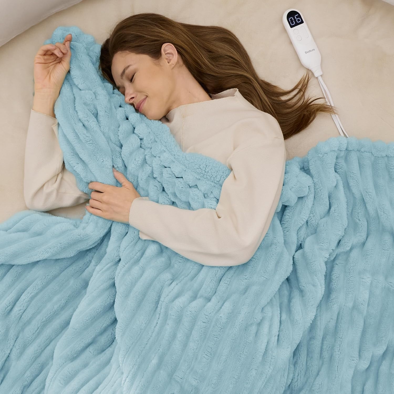 image:imageBedsure Heated Blanket Electric Throw Thick Striped Fast Heating Electric Blanket with Preheat Function 6 Heat amp 6 Timer Up to 10H 8H Auto Off ETL Certified Gifts for Women 50x60 White05 Light Blue