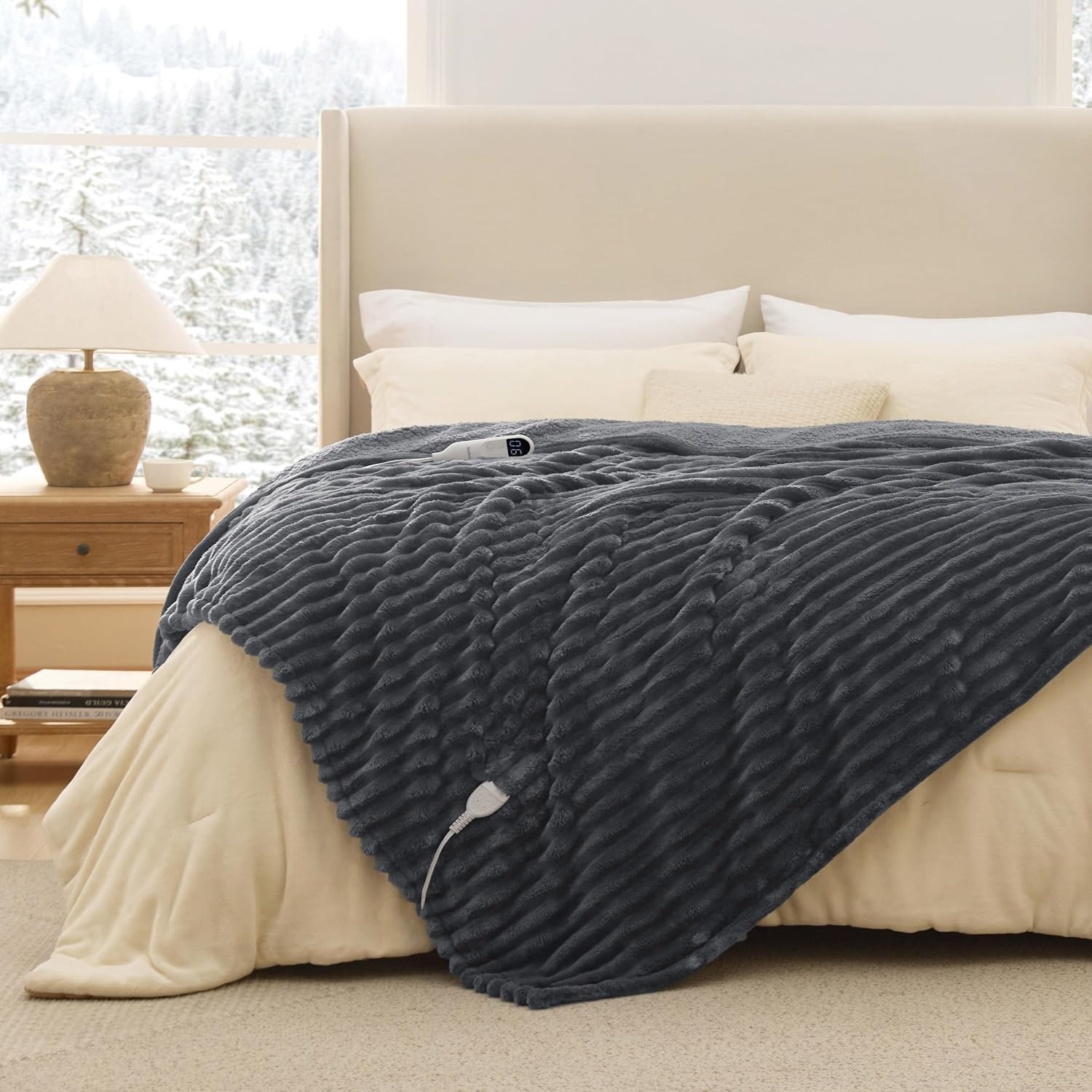 image:imageBedsure Heated Blanket Electric Throw Thick Striped Fast Heating Electric Blanket with Preheat Function 6 Heat amp 6 Timer Up to 10H 8H Auto Off ETL Certified Gifts for Women 50x60 White02 Grey