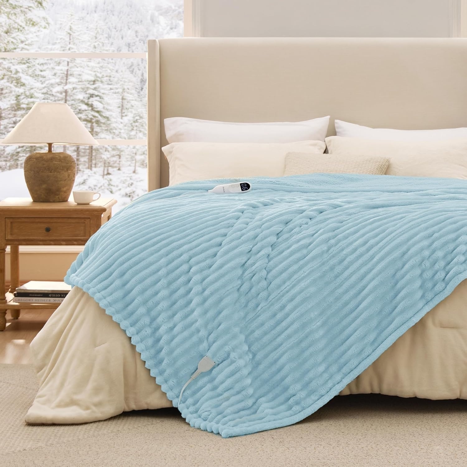 image:imageBedsure Heated Blanket Electric Throw Thick Striped Fast Heating Electric Blanket with Preheat Function 6 Heat amp 6 Timer Up to 10H 8H Auto Off ETL Certified Gifts for Women 50x60 White05 Light Blue