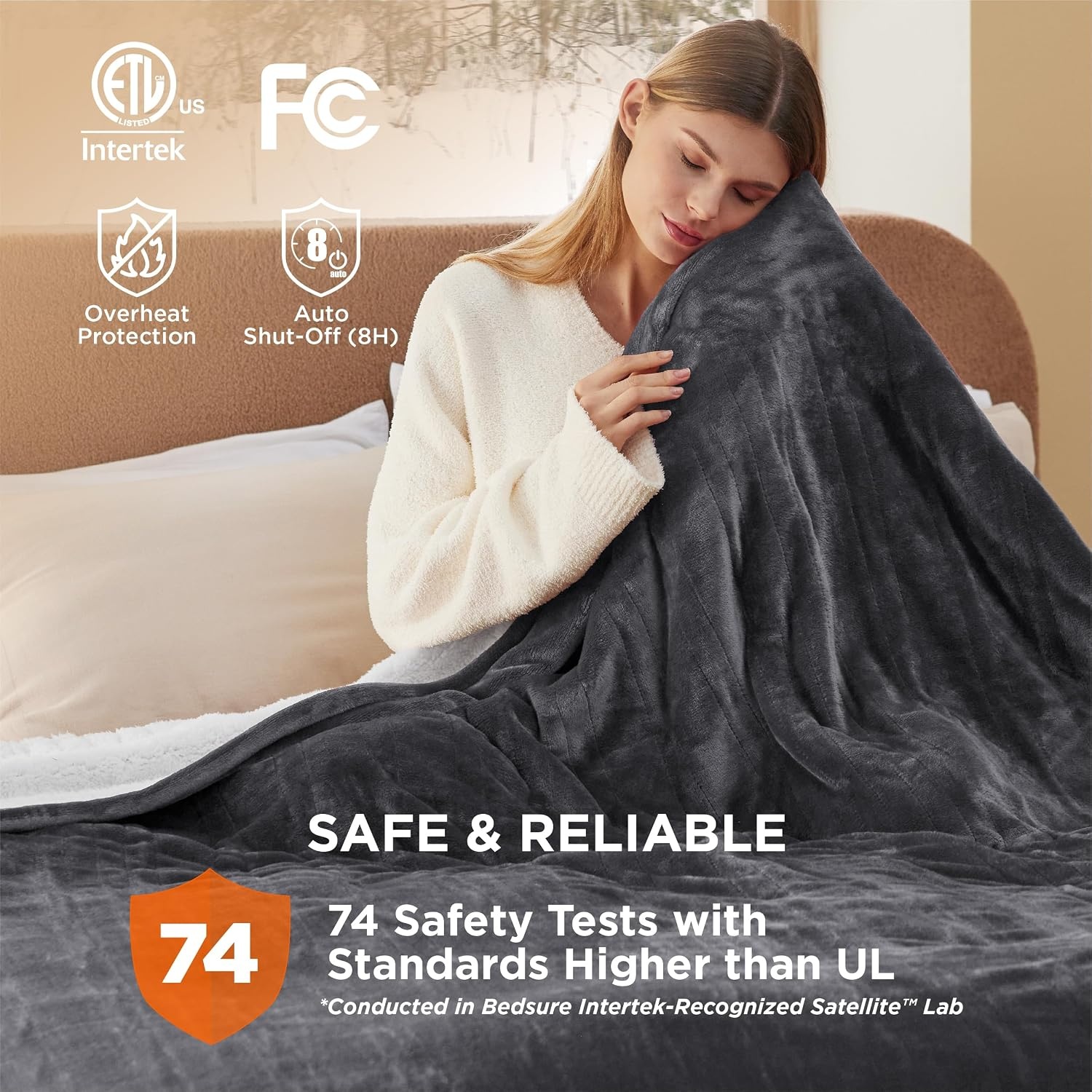 image:imageBedsure Heated Blanket Full Size Soft Electric Blanket with Preheat Cream 6 Heat6 Timer Settings 8H Auto ShutOff ETLFCC Flannel Sherpa Machine Washable Gifts for Grandma Grandpa 72x84in12 Dark Grey