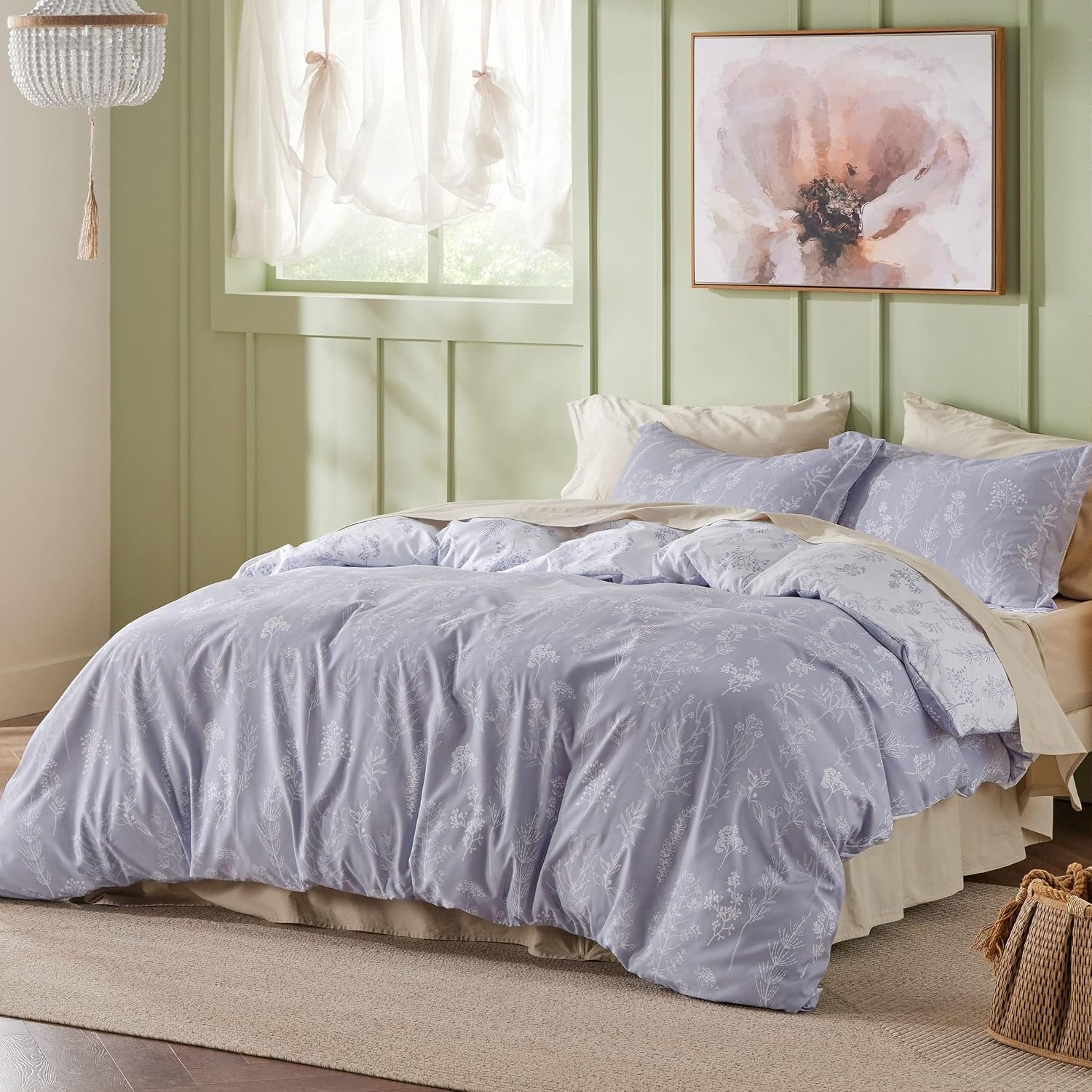 image:imageBedsure Light Grey Queen Comforter Set Reversible Floral Bed Set Soft Summer Lightweight Bedding for Bedroom 1 Soft Botanical Flowers Comforter and 2 Pillow Shams06 Lavender