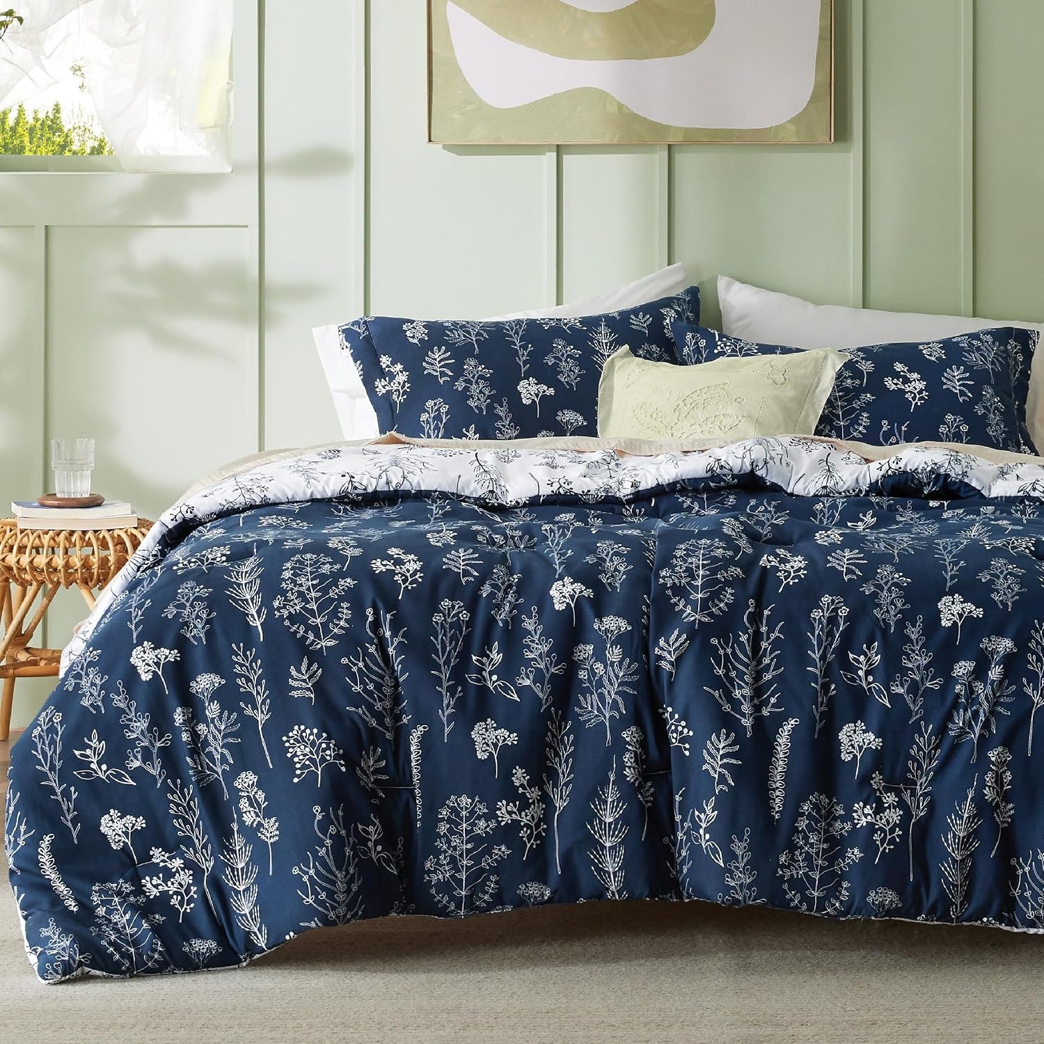 image:imageBedsure Light Grey Queen Comforter Set Reversible Floral Bed Set Soft Summer Lightweight Bedding for Bedroom 1 Soft Botanical Flowers Comforter and 2 Pillow Shams14 Navy