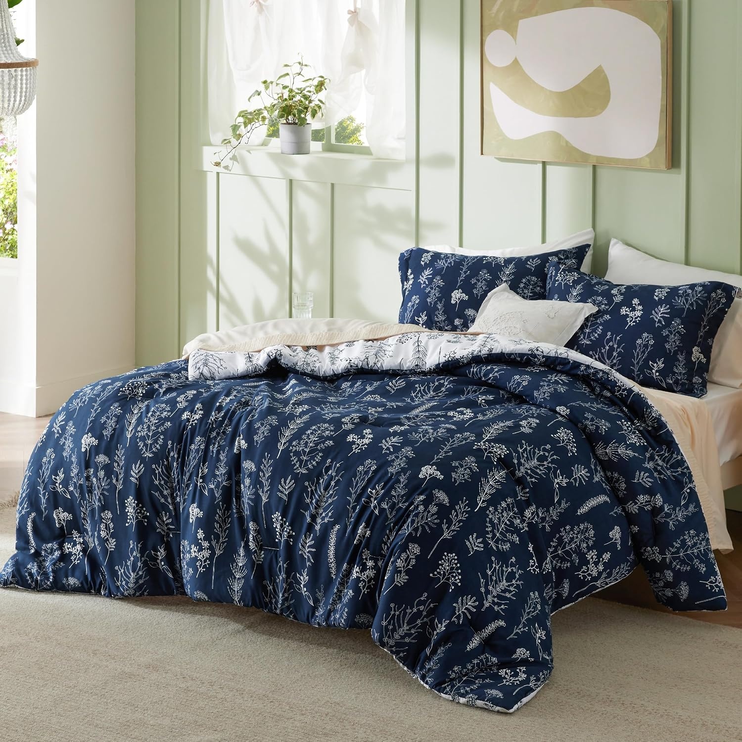 image:imageBedsure Light Grey Queen Comforter Set Reversible Floral Bed Set Soft Summer Lightweight Bedding for Bedroom 1 Soft Botanical Flowers Comforter and 2 Pillow Shams14 Navy