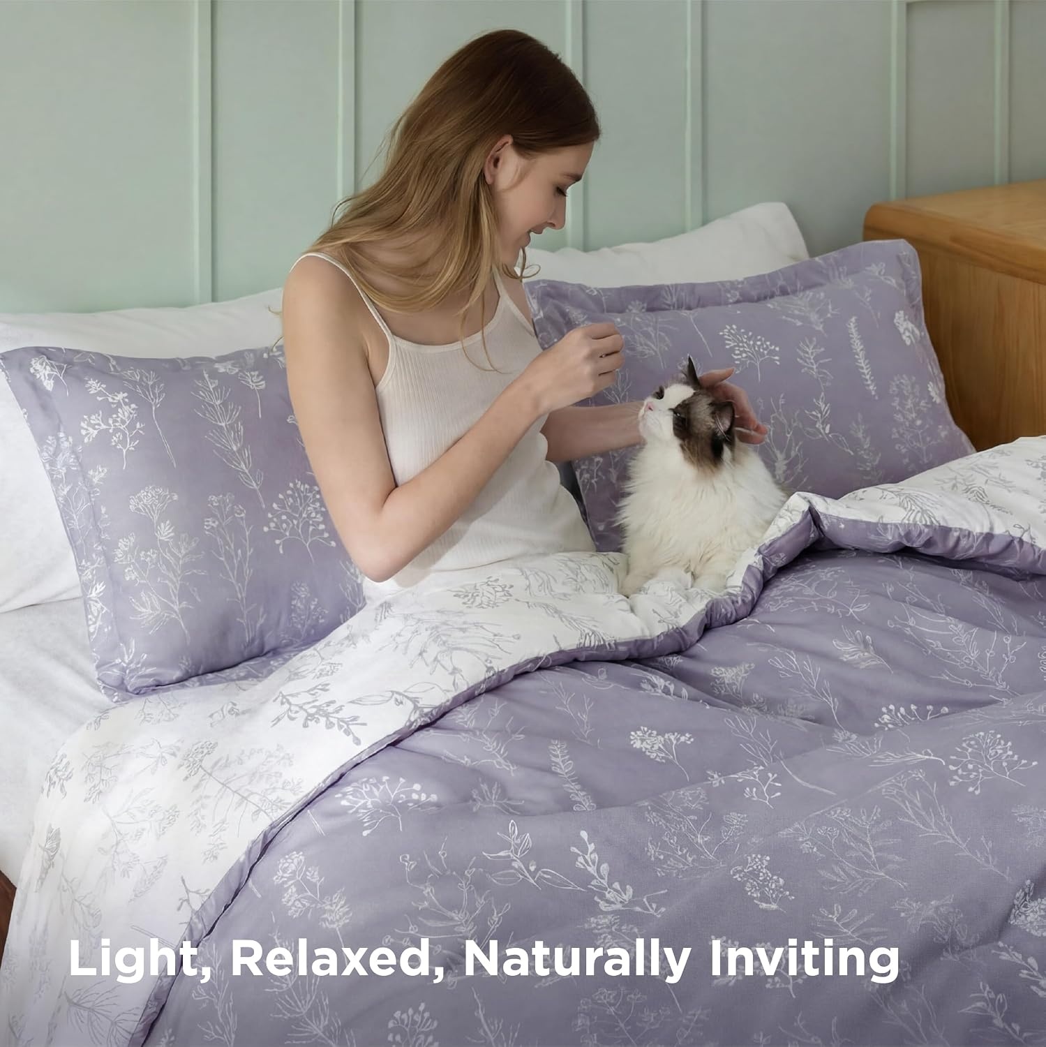 image:imageBedsure Light Grey Queen Comforter Set Reversible Floral Bed Set Soft Summer Lightweight Bedding for Bedroom 1 Soft Botanical Flowers Comforter and 2 Pillow Shams06 Lavender