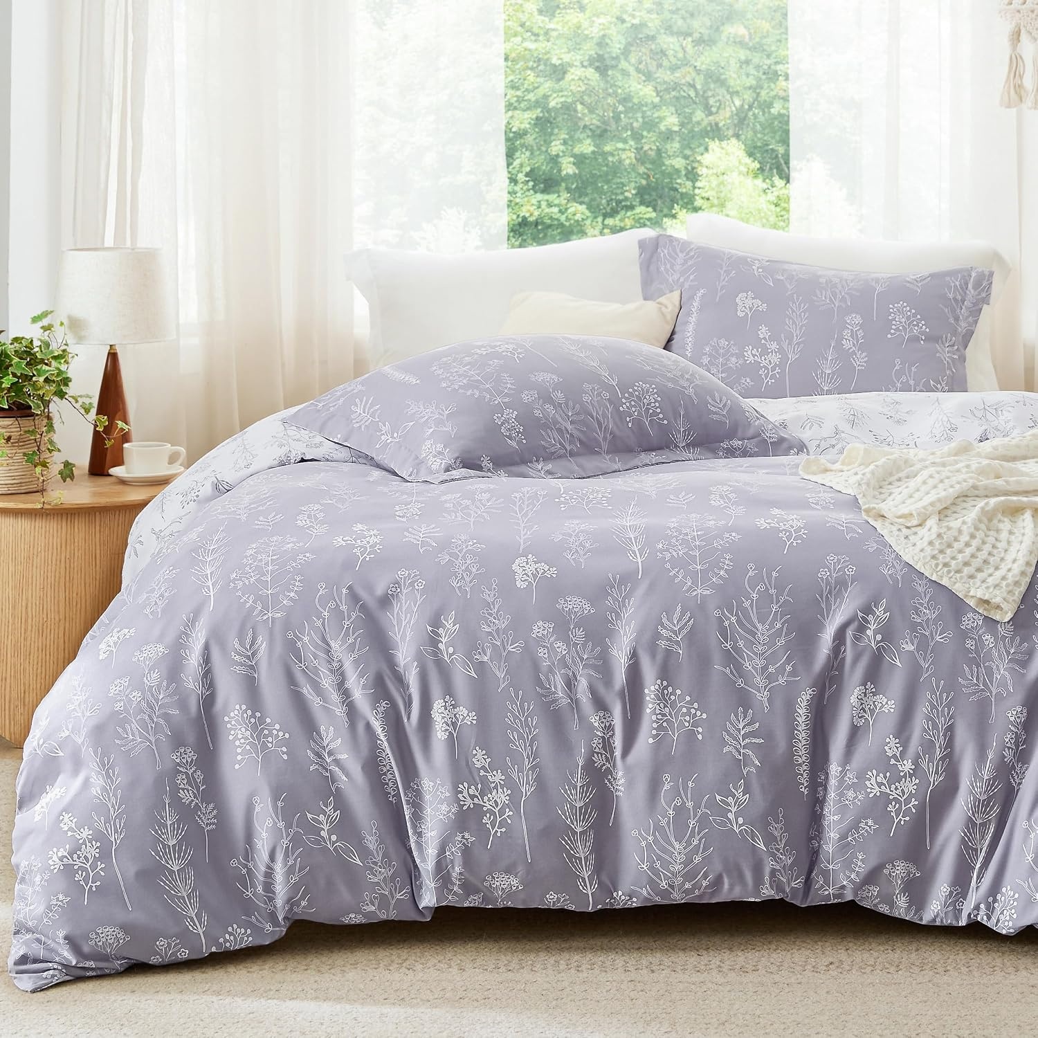image:imageBedsure Light Grey Queen Comforter Set Reversible Floral Bed Set Soft Summer Lightweight Bedding for Bedroom 1 Soft Botanical Flowers Comforter and 2 Pillow Shams06 Lavender