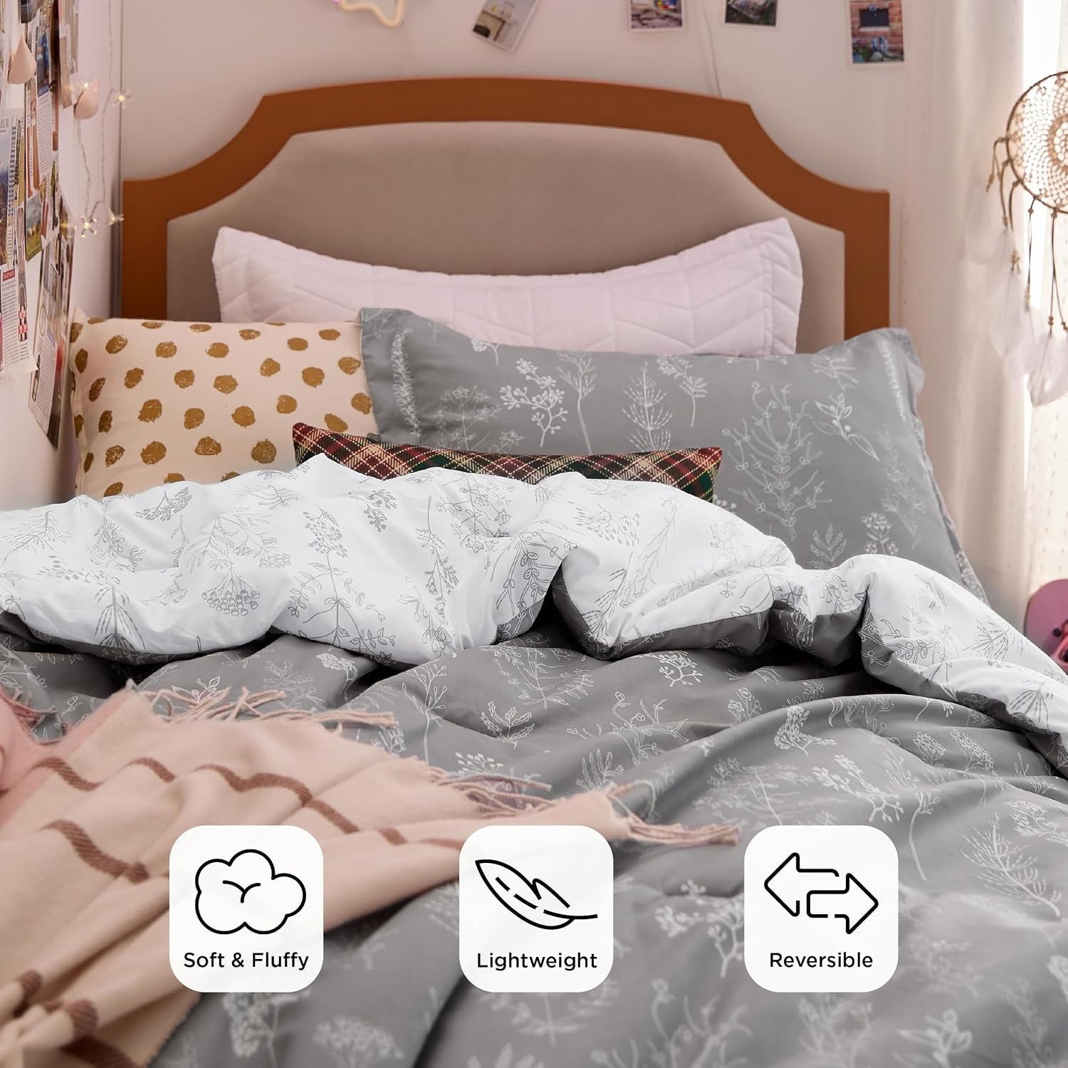 image:imageBedsure Light Grey Queen Comforter Set Reversible Floral Bed Set Soft Summer Lightweight Bedding for Bedroom 1 Soft Botanical Flowers Comforter and 2 Pillow Shams04 Light Grey