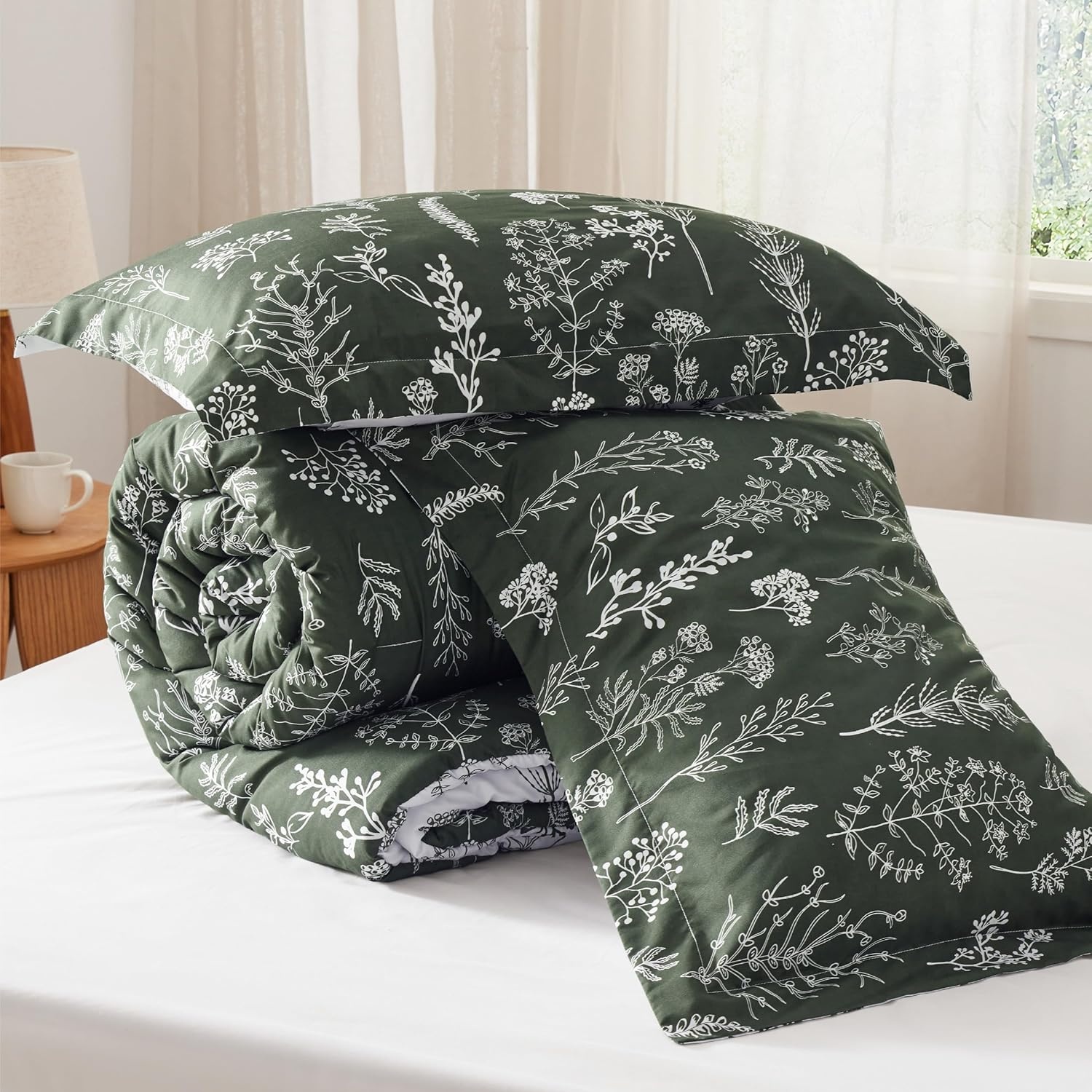 image:imageBedsure Light Grey Queen Comforter Set Reversible Floral Bed Set Soft Summer Lightweight Bedding for Bedroom 1 Soft Botanical Flowers Comforter and 2 Pillow Shams25 Dark Olive Green