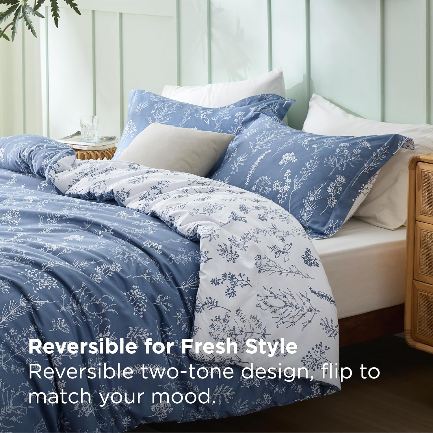 image:imageBedsure Light Grey Queen Comforter Set Reversible Floral Bed Set Soft Summer Lightweight Bedding for Bedroom 1 Soft Botanical Flowers Comforter and 2 Pillow Shams13 Infinity Blue