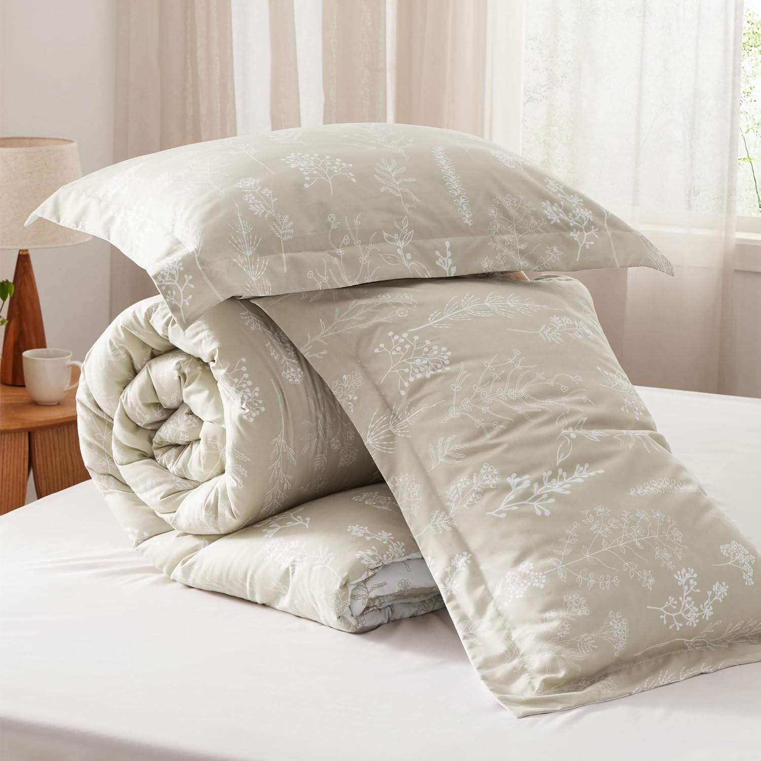 image:imageBedsure Light Grey Queen Comforter Set Reversible Floral Bed Set Soft Summer Lightweight Bedding for Bedroom 1 Soft Botanical Flowers Comforter and 2 Pillow Shams17 Linen