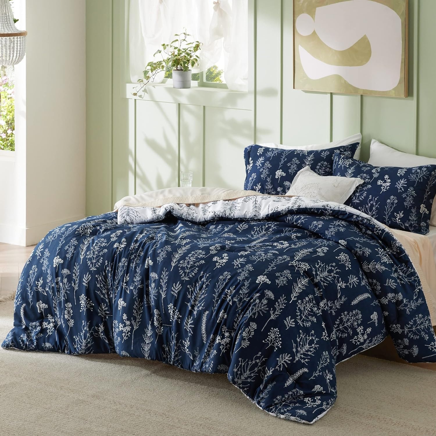 image:imageBedsure Light Grey Queen Comforter Set Reversible Floral Bed Set Soft Summer Lightweight Bedding for Bedroom 1 Soft Botanical Flowers Comforter and 2 Pillow Shams14 Navy