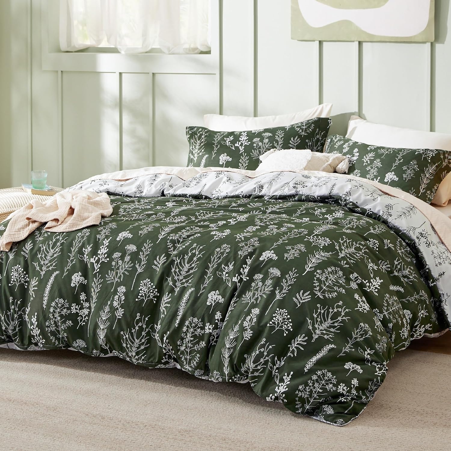 image:imageBedsure Light Grey Queen Comforter Set Reversible Floral Bed Set Soft Summer Lightweight Bedding for Bedroom 1 Soft Botanical Flowers Comforter and 2 Pillow Shams25 Dark Olive Green