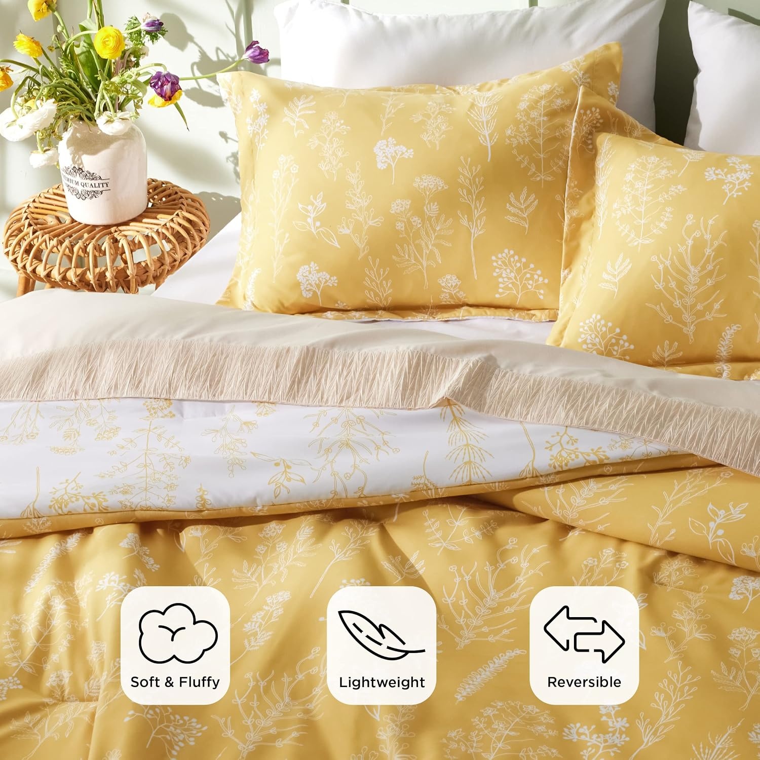 image:imageBedsure Light Grey Queen Comforter Set Reversible Floral Bed Set Soft Summer Lightweight Bedding for Bedroom 1 Soft Botanical Flowers Comforter and 2 Pillow Shams18 Glod