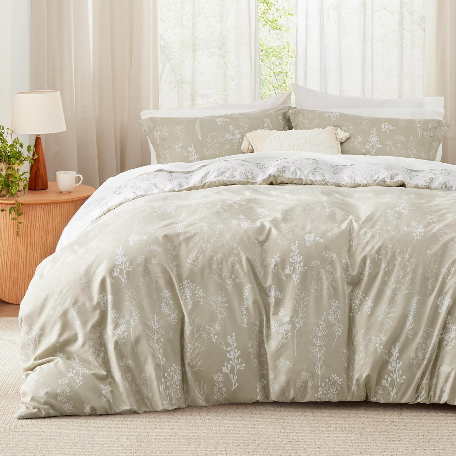 image:imageBedsure Light Grey Queen Comforter Set Reversible Floral Bed Set Soft Summer Lightweight Bedding for Bedroom 1 Soft Botanical Flowers Comforter and 2 Pillow Shams17 Linen