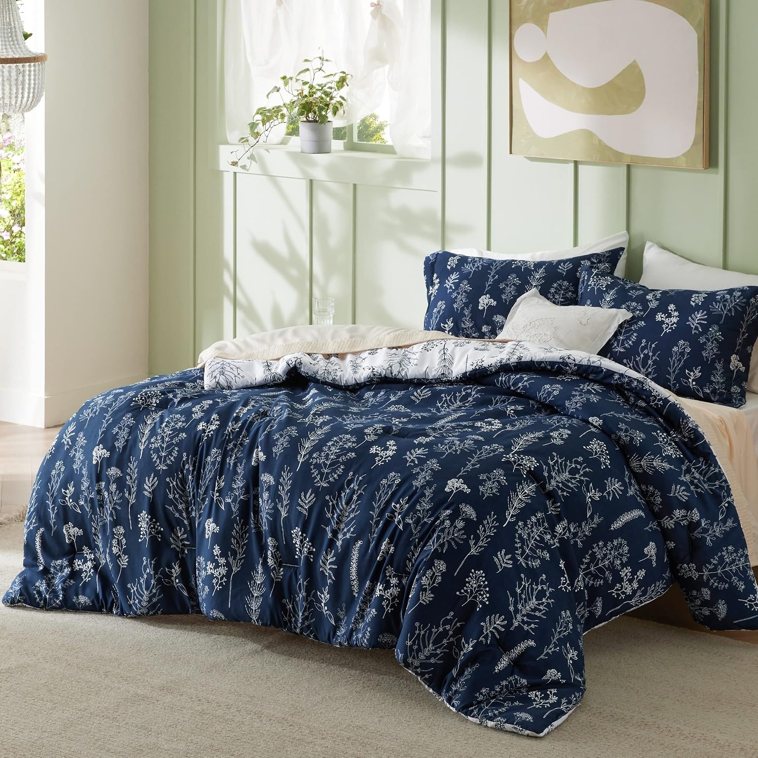 image:imageBedsure Light Grey Queen Comforter Set Reversible Floral Bed Set Soft Summer Lightweight Bedding for Bedroom 1 Soft Botanical Flowers Comforter and 2 Pillow Shams14 Navy