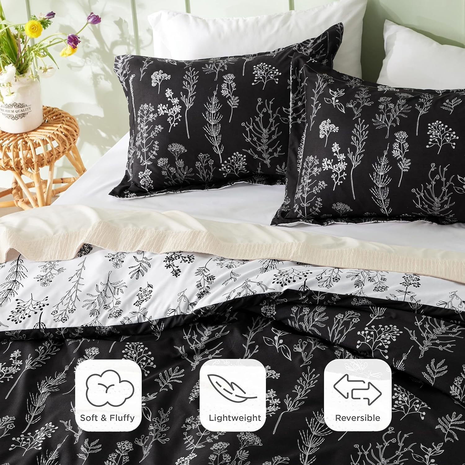 image:imageBedsure Light Grey Queen Comforter Set Reversible Floral Bed Set Soft Summer Lightweight Bedding for Bedroom 1 Soft Botanical Flowers Comforter and 2 Pillow Shams22 Black
