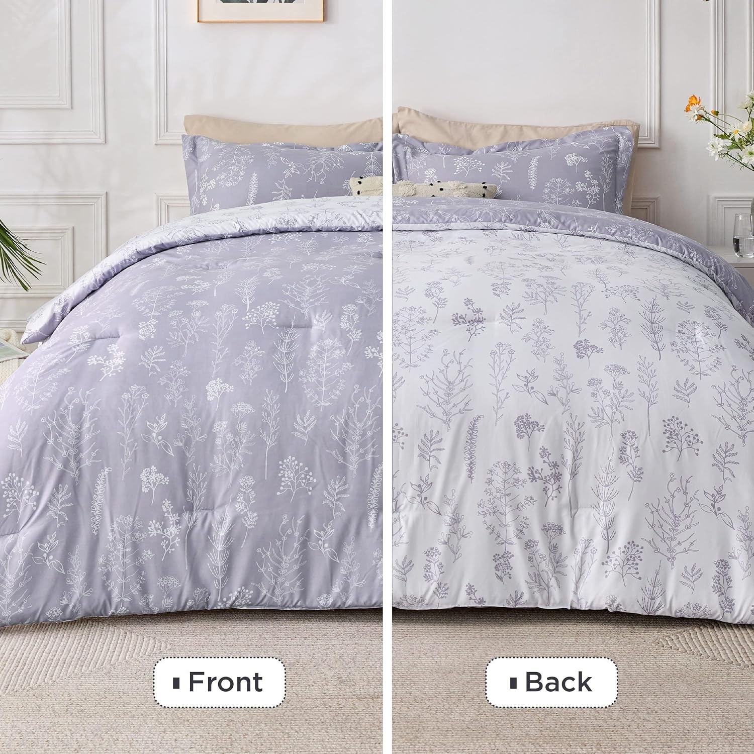 image:imageBedsure Light Grey Queen Comforter Set Reversible Floral Bed Set Soft Summer Lightweight Bedding for Bedroom 1 Soft Botanical Flowers Comforter and 2 Pillow Shams06 Lavender