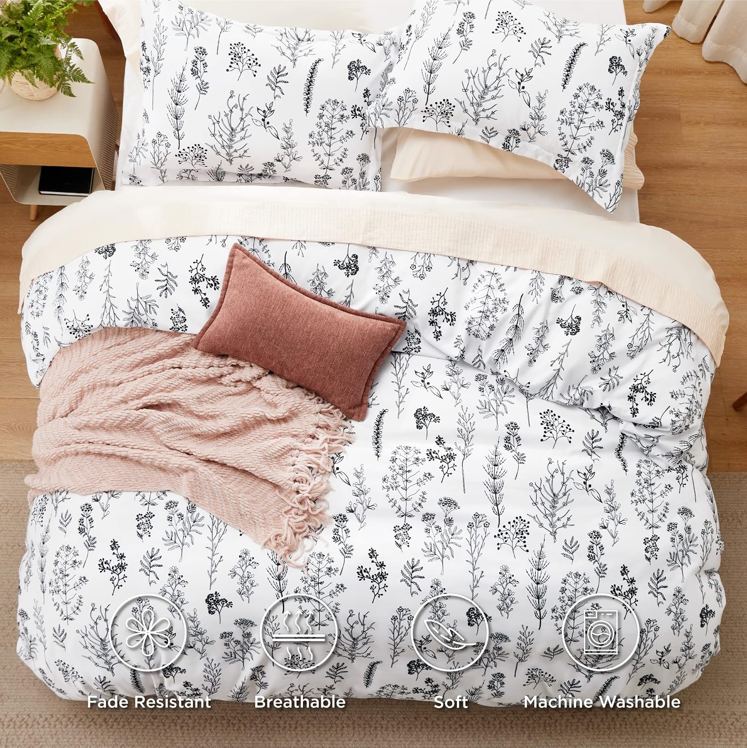 image:imageBedsure Light Grey Queen Comforter Set Reversible Floral Bed Set Soft Summer Lightweight Bedding for Bedroom 1 Soft Botanical Flowers Comforter and 2 Pillow Shams21 Bright White