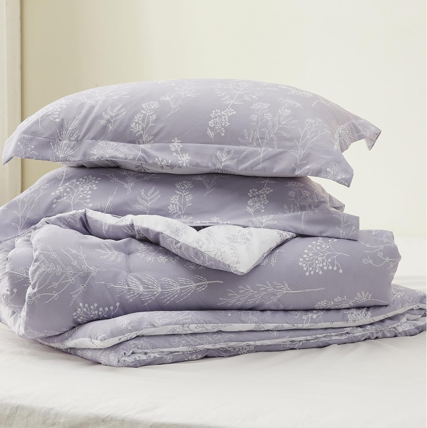 image:imageBedsure Light Grey Queen Comforter Set Reversible Floral Bed Set Soft Summer Lightweight Bedding for Bedroom 1 Soft Botanical Flowers Comforter and 2 Pillow Shams06 Lavender