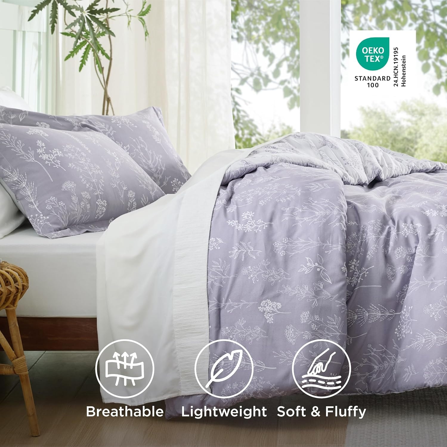 image:imageBedsure Light Grey Queen Comforter Set Reversible Floral Bed Set Soft Summer Lightweight Bedding for Bedroom 1 Soft Botanical Flowers Comforter and 2 Pillow Shams06 Lavender