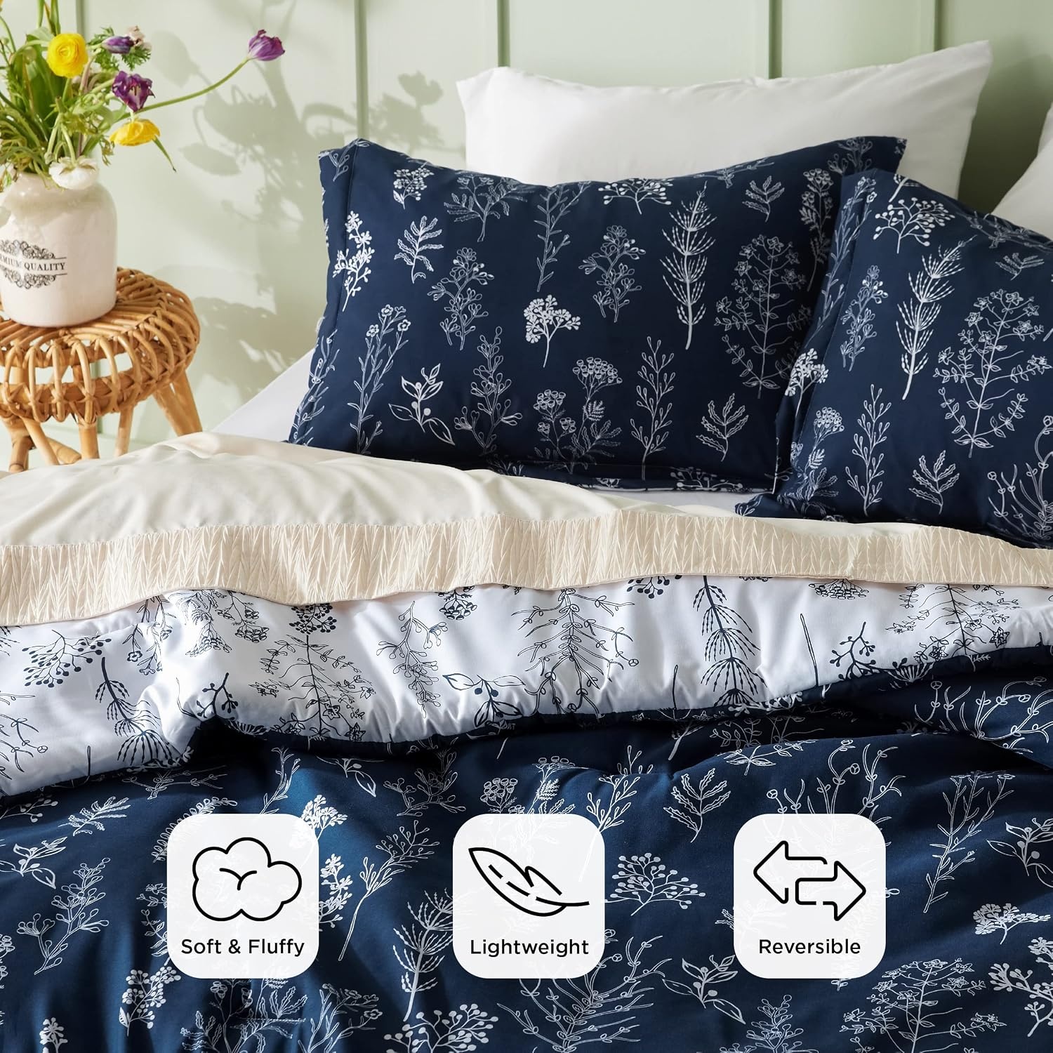 image:imageBedsure Light Grey Queen Comforter Set Reversible Floral Bed Set Soft Summer Lightweight Bedding for Bedroom 1 Soft Botanical Flowers Comforter and 2 Pillow Shams14 Navy