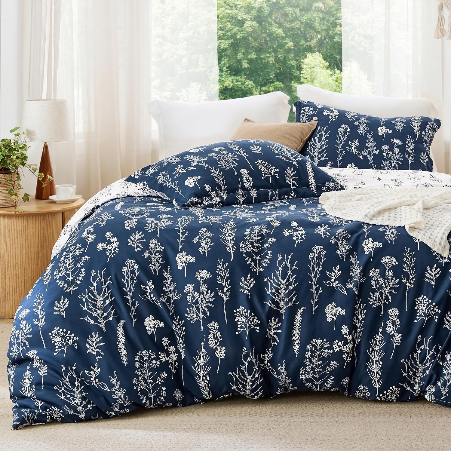 image:imageBedsure Light Grey Queen Comforter Set Reversible Floral Bed Set Soft Summer Lightweight Bedding for Bedroom 1 Soft Botanical Flowers Comforter and 2 Pillow Shams14 Navy