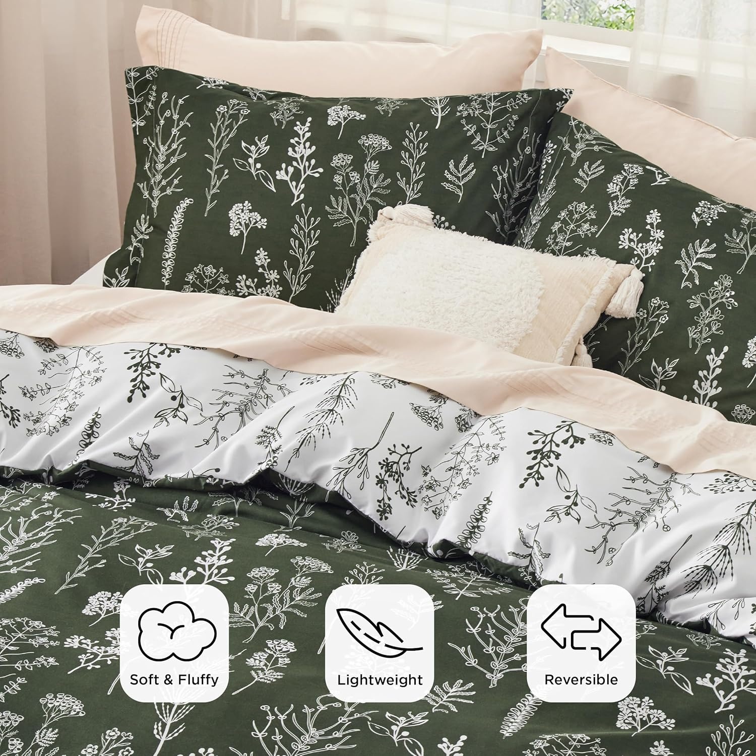 image:imageBedsure Light Grey Queen Comforter Set Reversible Floral Bed Set Soft Summer Lightweight Bedding for Bedroom 1 Soft Botanical Flowers Comforter and 2 Pillow Shams25 Dark Olive Green