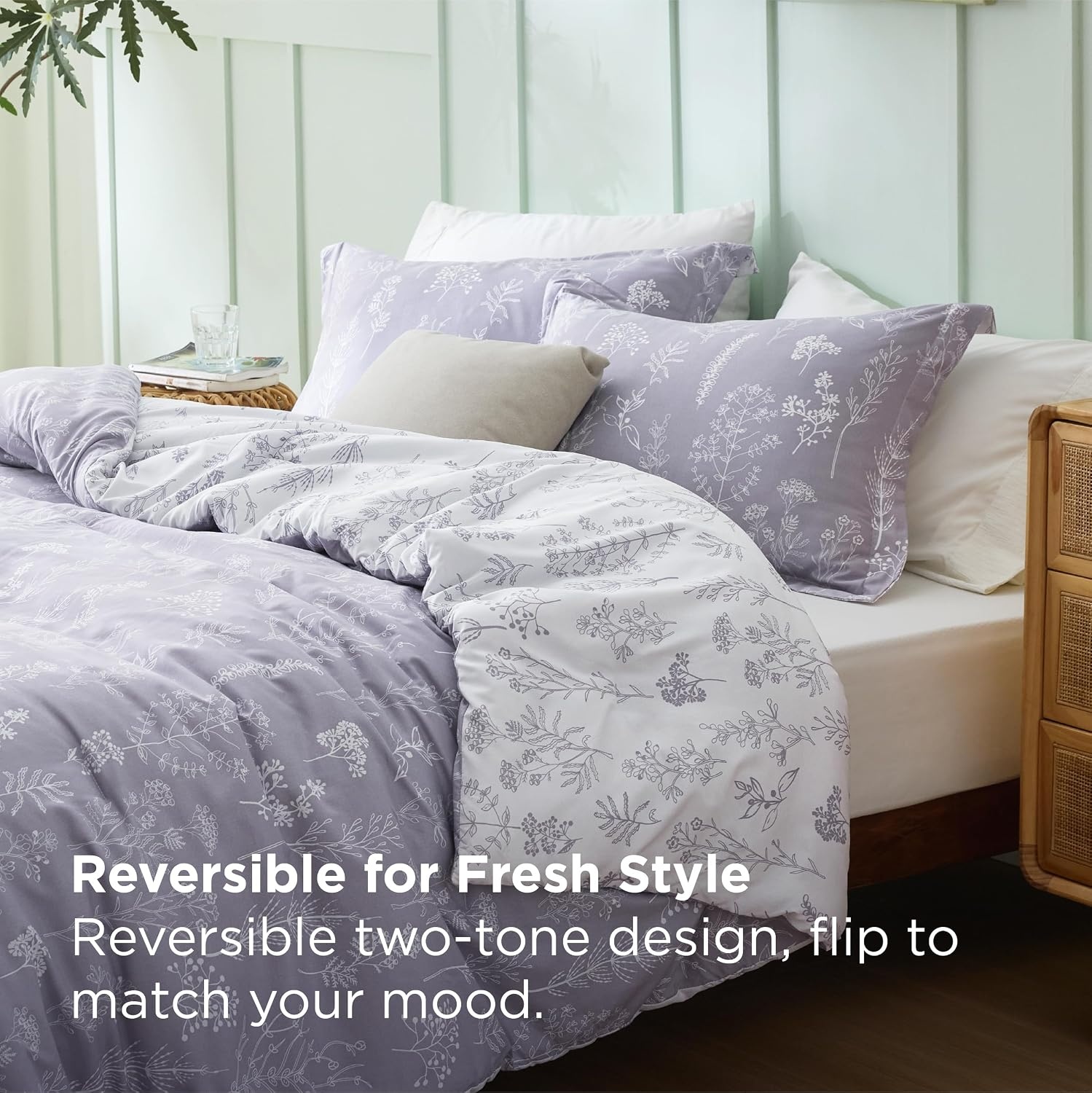 image:imageBedsure Light Grey Queen Comforter Set Reversible Floral Bed Set Soft Summer Lightweight Bedding for Bedroom 1 Soft Botanical Flowers Comforter and 2 Pillow Shams06 Lavender
