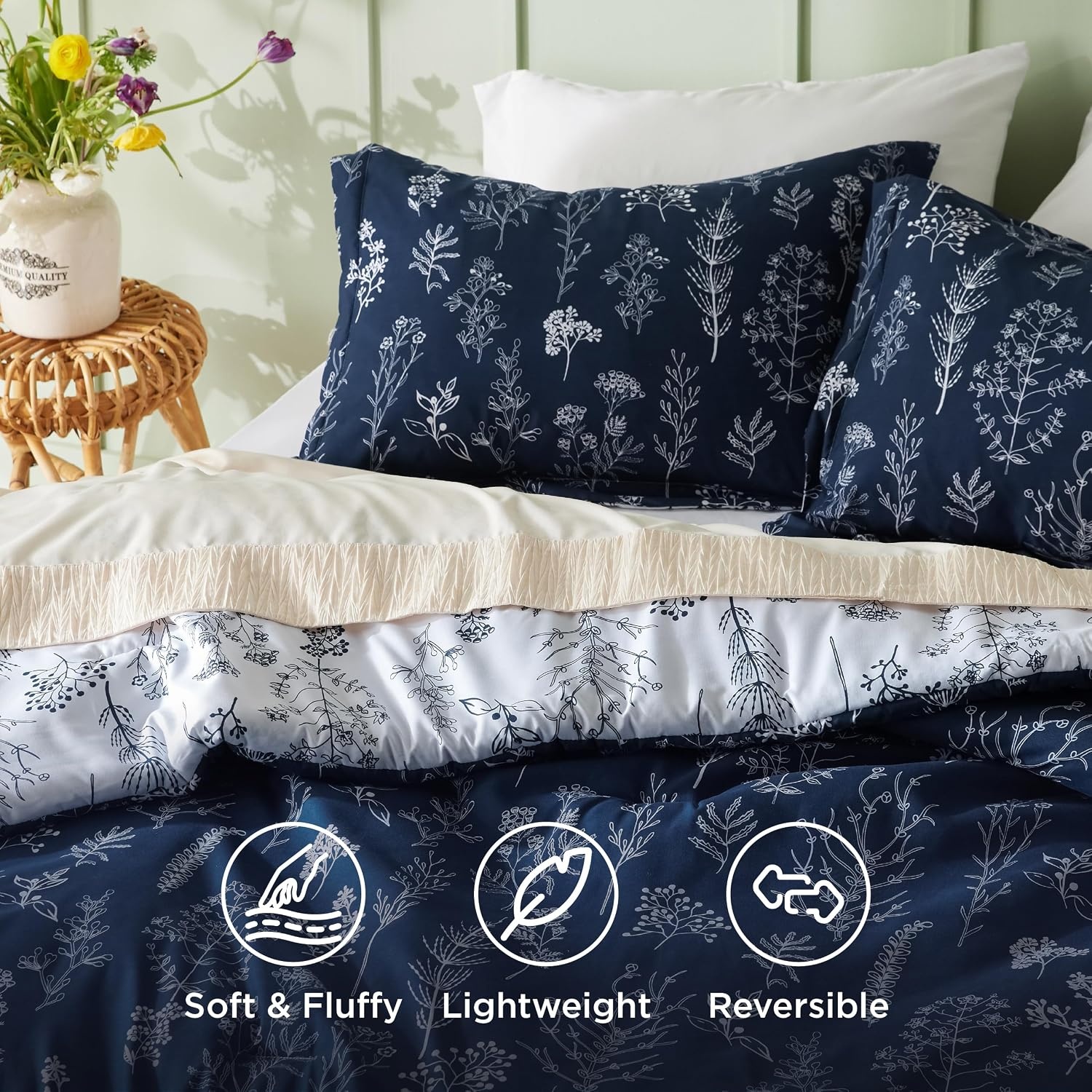 image:imageBedsure Light Grey Queen Comforter Set Reversible Floral Bed Set Soft Summer Lightweight Bedding for Bedroom 1 Soft Botanical Flowers Comforter and 2 Pillow Shams14 Navy
