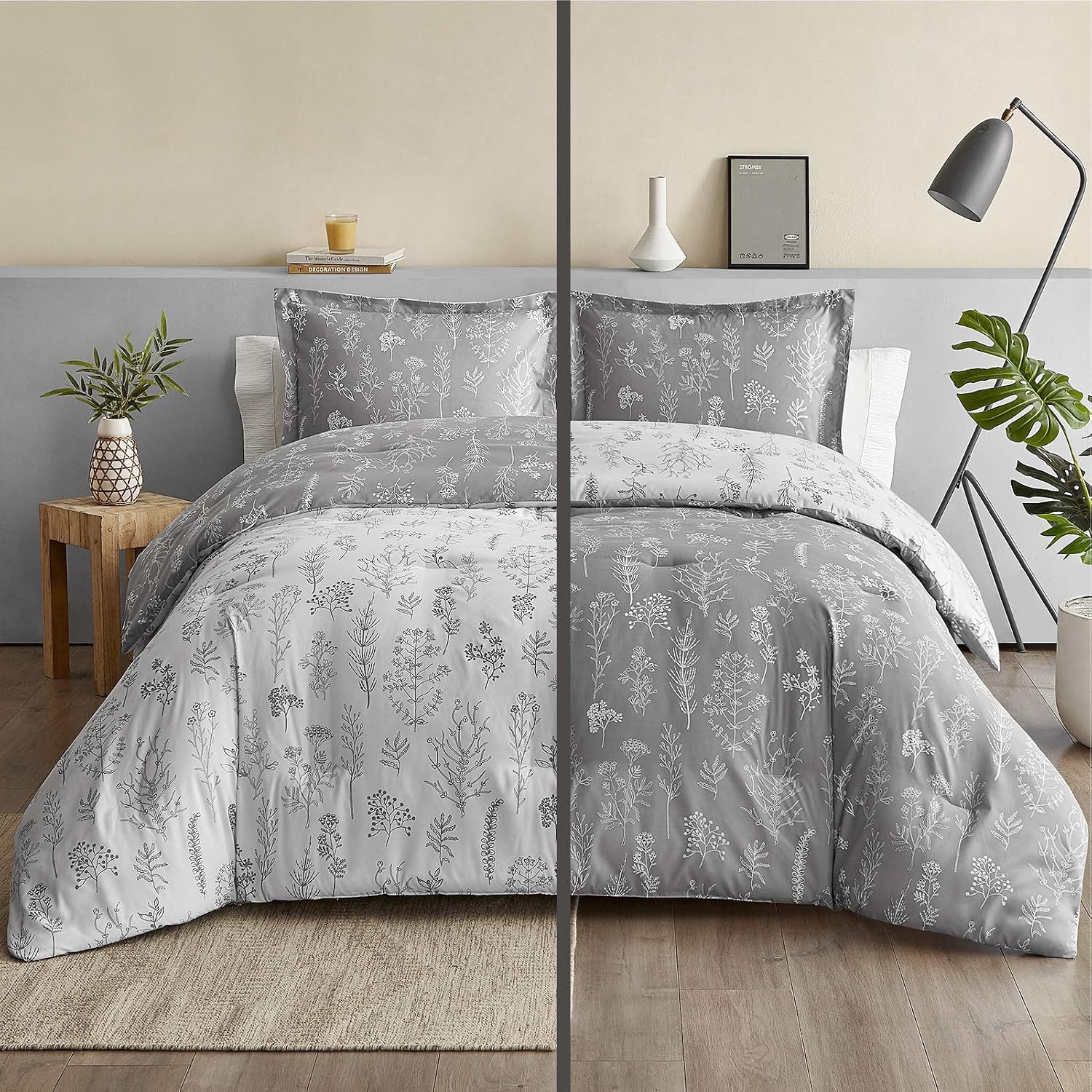 image:imageBedsure Light Grey Queen Comforter Set Reversible Floral Bed Set Soft Summer Lightweight Bedding for Bedroom 1 Soft Botanical Flowers Comforter and 2 Pillow Shams04 Light Grey