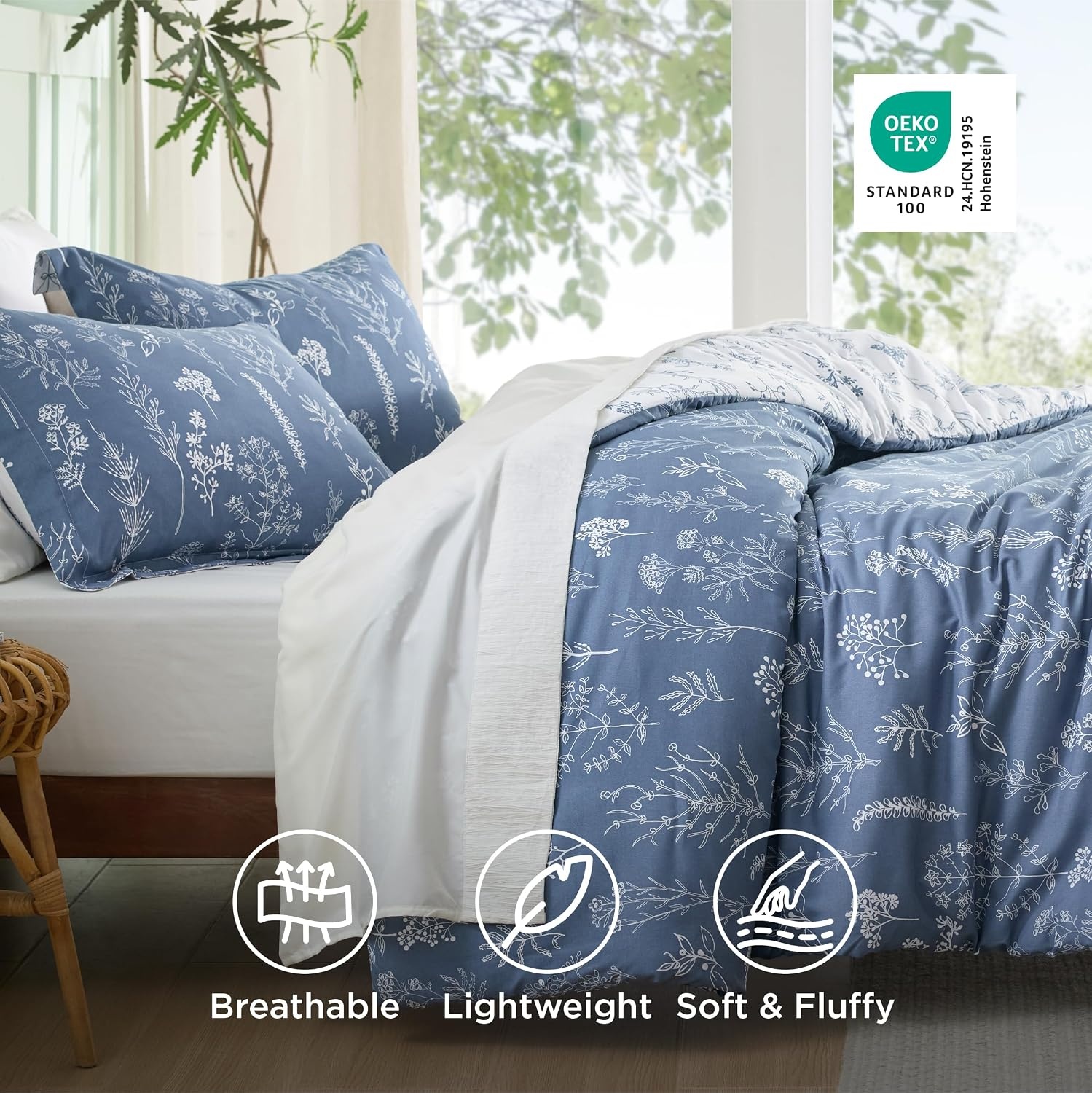 image:imageBedsure Light Grey Queen Comforter Set Reversible Floral Bed Set Soft Summer Lightweight Bedding for Bedroom 1 Soft Botanical Flowers Comforter and 2 Pillow Shams13 Infinity Blue
