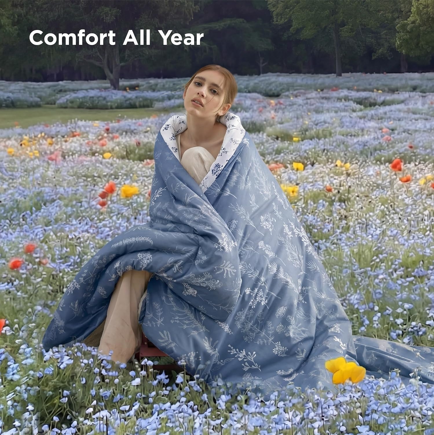 image:imageBedsure Light Grey Queen Comforter Set Reversible Floral Bed Set Soft Summer Lightweight Bedding for Bedroom 1 Soft Botanical Flowers Comforter and 2 Pillow Shams13 Infinity Blue