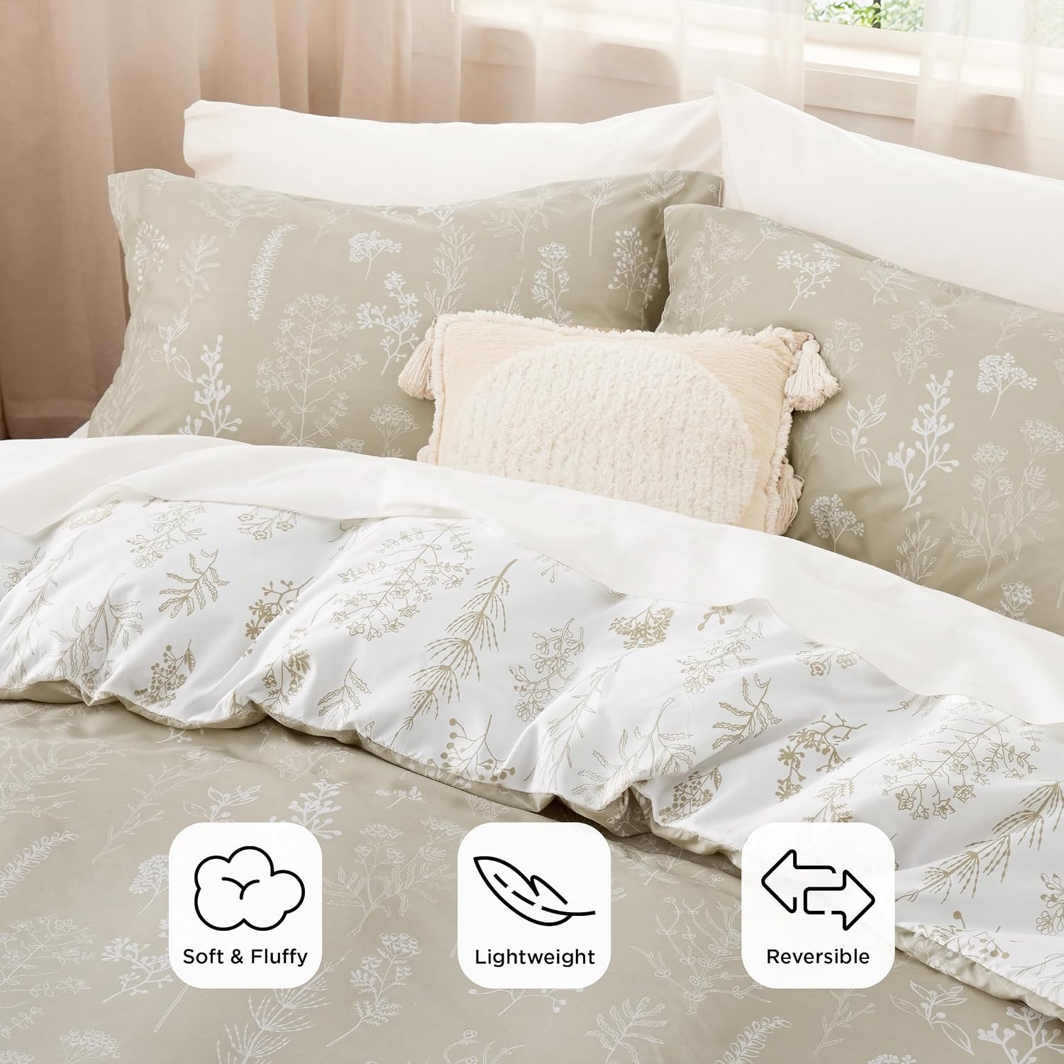 image:imageBedsure Light Grey Queen Comforter Set Reversible Floral Bed Set Soft Summer Lightweight Bedding for Bedroom 1 Soft Botanical Flowers Comforter and 2 Pillow Shams17 Linen