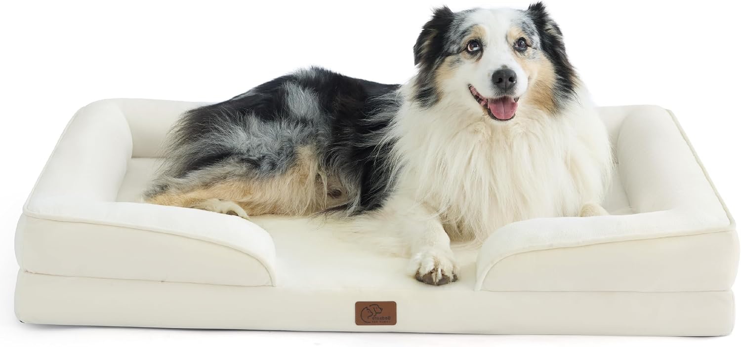 image:imageBedsure Orthopedic XL Dog Bed Extra Large with Removable Washable Cover 42 Classic Comfy Xlarge Dog Couch Sofa Waterproof Cozy Bolster Sides Nonslip Bottom Pet Bed for CatsSenior Dogs GreyBeige