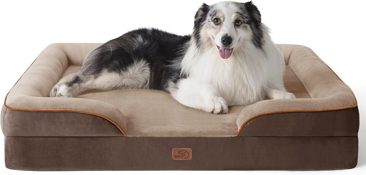 image:imageBedsure Orthopedic XL Dog Bed Extra Large with Removable Washable Cover 42 Classic Comfy Xlarge Dog Couch Sofa Waterproof Cozy Bolster Sides Nonslip Bottom Pet Bed for CatsSenior Dogs GreyBrown