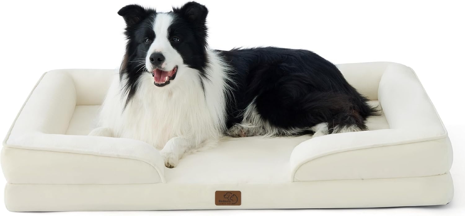 image:imageBedsure Orthopedic XL Dog Bed Extra Large with Removable Washable Cover 42 Classic Comfy Xlarge Dog Couch Sofa Waterproof Cozy Bolster Sides Nonslip Bottom Pet Bed for CatsSenior Dogs GreyBeige