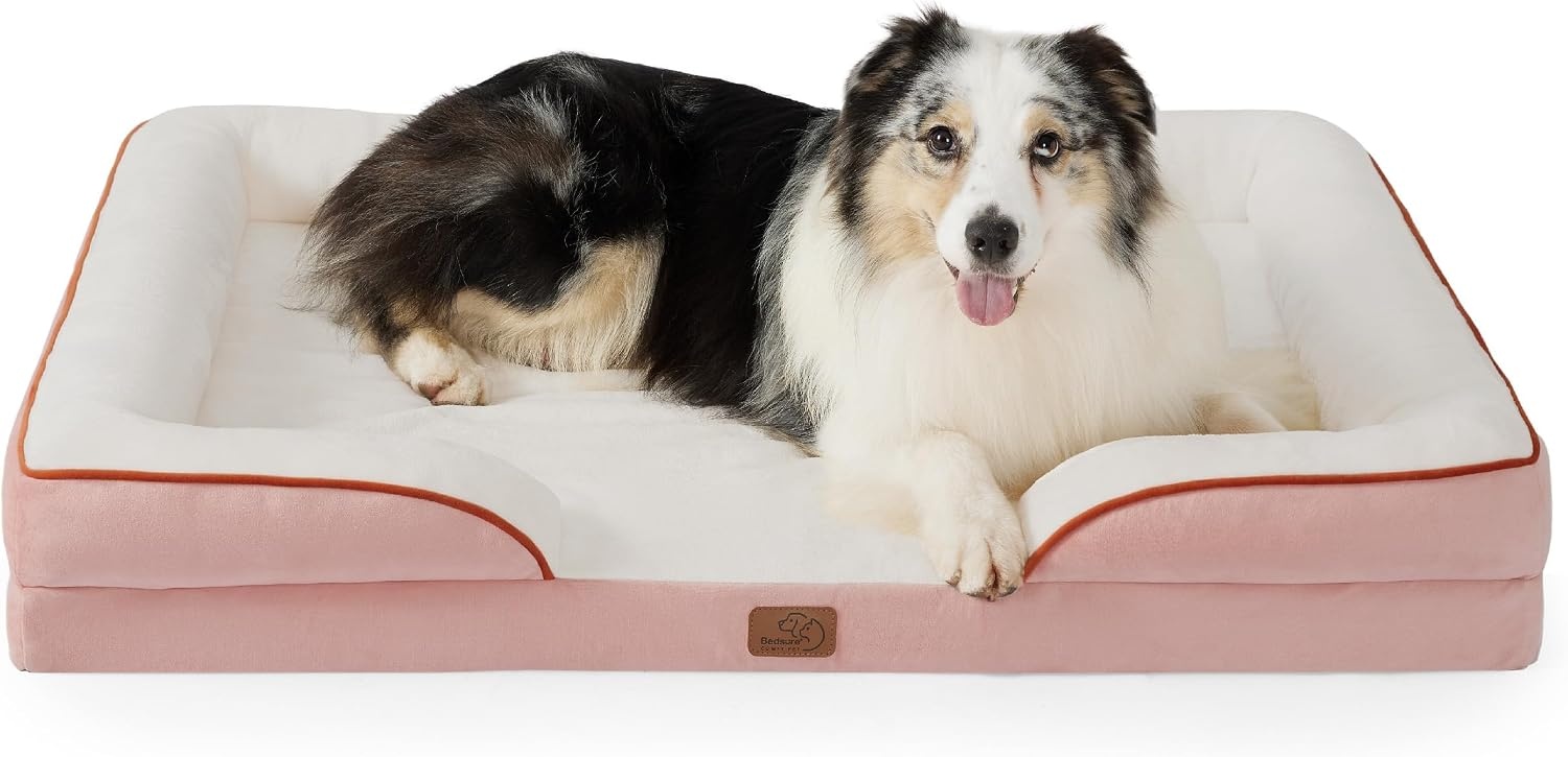 image:imageBedsure Orthopedic XL Dog Bed Extra Large with Removable Washable Cover 42 Classic Comfy Xlarge Dog Couch Sofa Waterproof Cozy Bolster Sides Nonslip Bottom Pet Bed for CatsSenior Dogs GreyPink