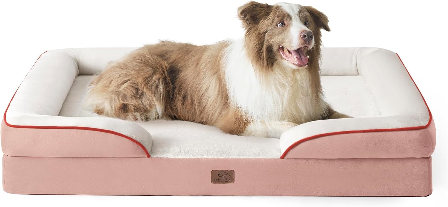 image:imageBedsure Orthopedic XL Dog Bed Extra Large with Removable Washable Cover 42 Classic Comfy Xlarge Dog Couch Sofa Waterproof Cozy Bolster Sides Nonslip Bottom Pet Bed for CatsSenior Dogs GreyPink
