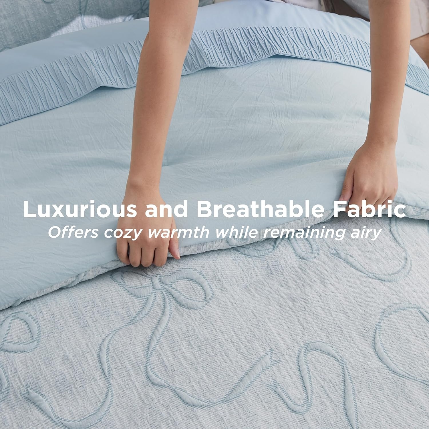 image:imageBedsure Pink King Size Comforter Set GentleSoft 3 Pieces Breathable Bow Comforter Set Women with 2 Pillow Shams Cute King Bedding Set Pink Room Decor Aesthetic Bedroom Decor 104x90 Inches01 Bow Dusty Blue
