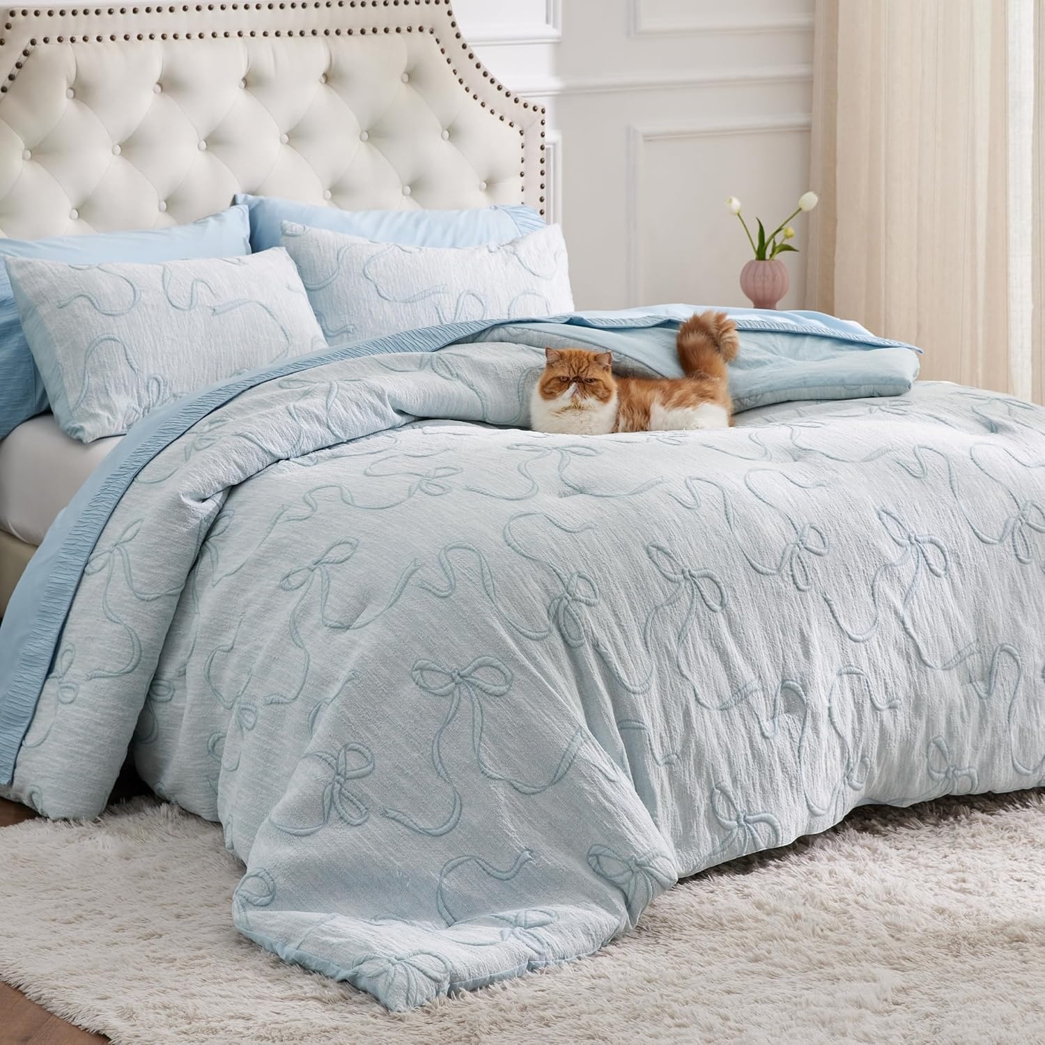 image:imageBedsure Pink King Size Comforter Set GentleSoft 3 Pieces Breathable Bow Comforter Set Women with 2 Pillow Shams Cute King Bedding Set Pink Room Decor Aesthetic Bedroom Decor 104x90 Inches01 Bow Dusty Blue