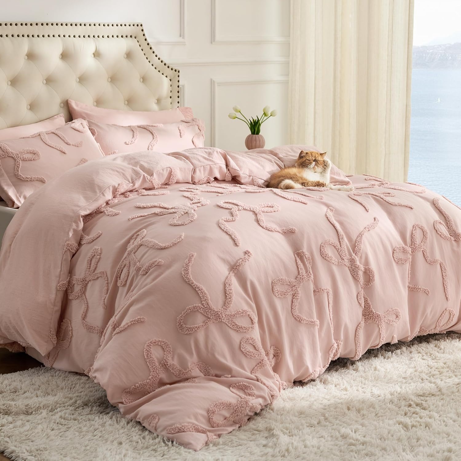 image:imageBedsure Pink King Size Comforter Set GentleSoft 3 Pieces Breathable Bow Comforter Set Women with 2 Pillow Shams Cute King Bedding Set Pink Room Decor Aesthetic Bedroom Decor 104x90 Inches04 Tufted Bow Rose Pink