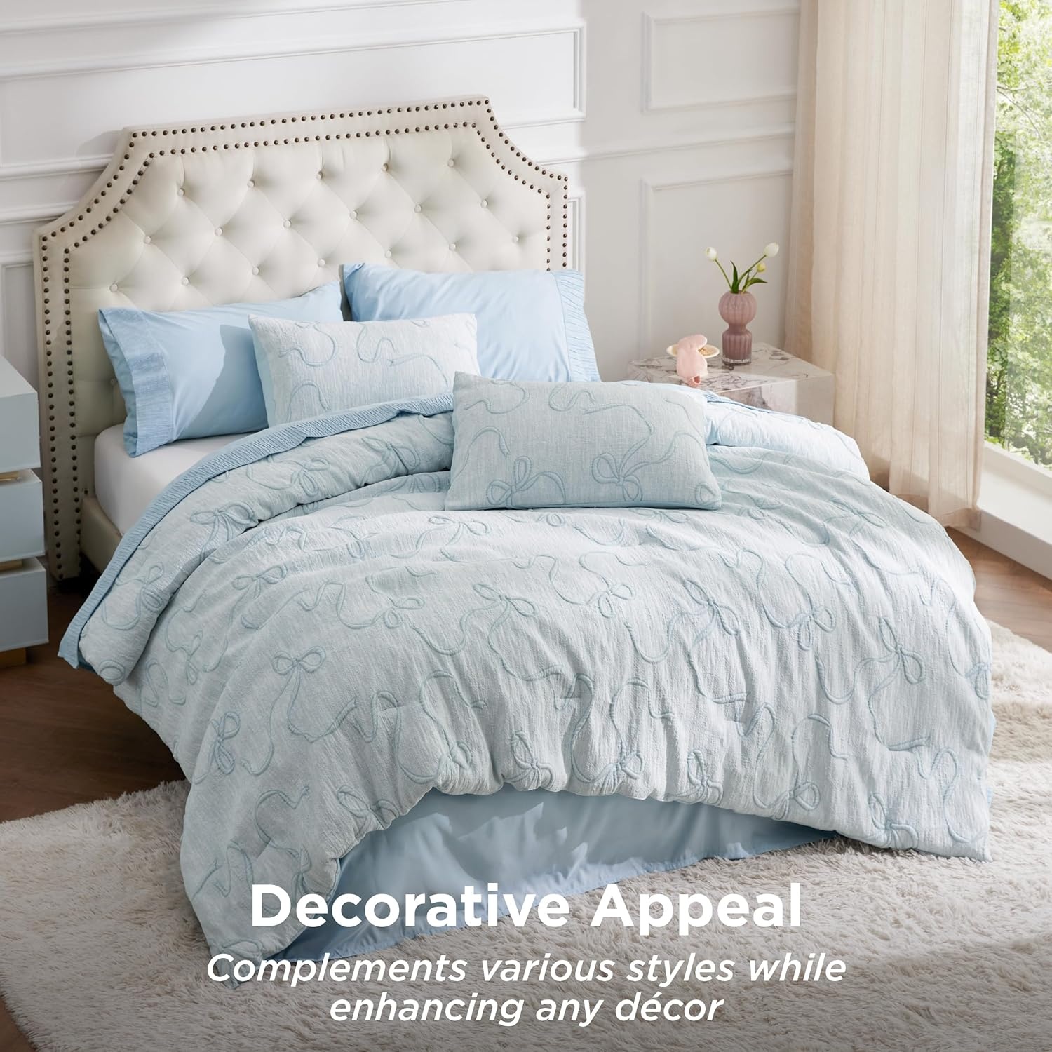 image:imageBedsure Pink King Size Comforter Set GentleSoft 3 Pieces Breathable Bow Comforter Set Women with 2 Pillow Shams Cute King Bedding Set Pink Room Decor Aesthetic Bedroom Decor 104x90 Inches01 Bow Dusty Blue