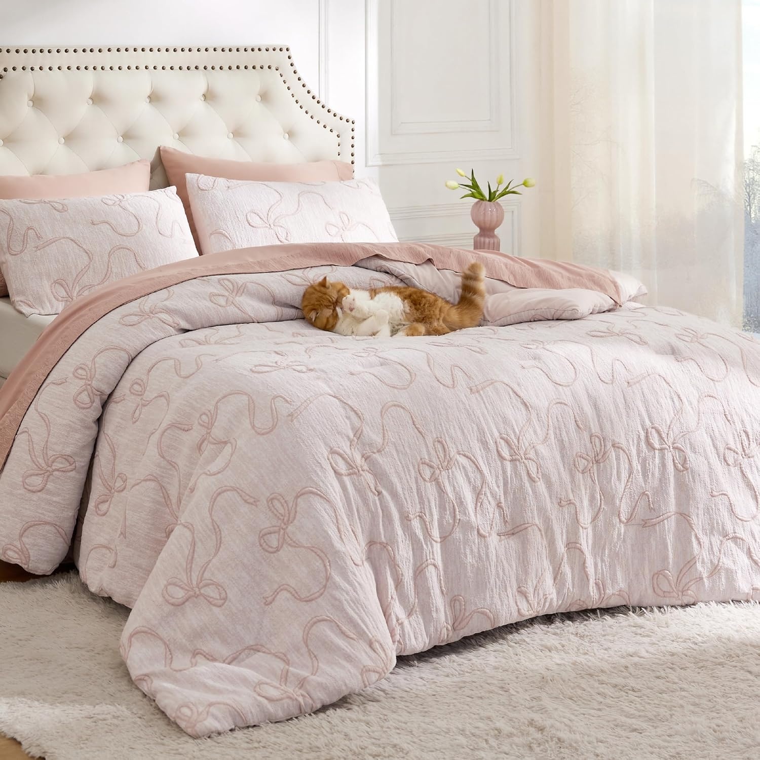 image:imageBedsure Pink King Size Comforter Set GentleSoft 3 Pieces Breathable Bow Comforter Set Women with 2 Pillow Shams Cute King Bedding Set Pink Room Decor Aesthetic Bedroom Decor 104x90 Inches01 Bow Pink