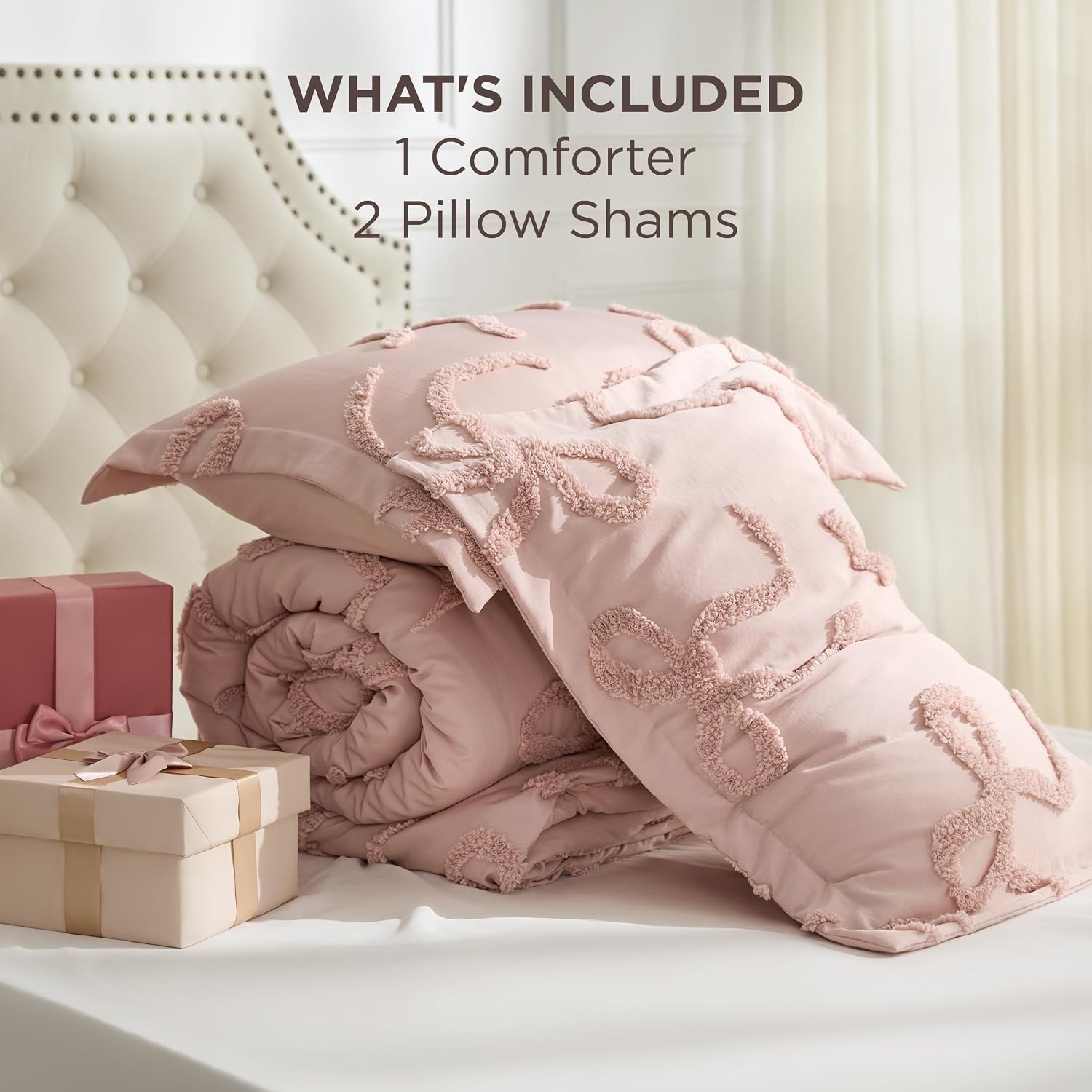 image:imageBedsure Pink King Size Comforter Set GentleSoft 3 Pieces Breathable Bow Comforter Set Women with 2 Pillow Shams Cute King Bedding Set Pink Room Decor Aesthetic Bedroom Decor 104x90 Inches04 Tufted Bow Rose Pink