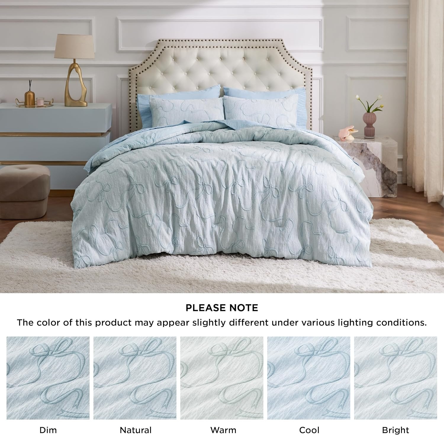image:imageBedsure Pink King Size Comforter Set GentleSoft 3 Pieces Breathable Bow Comforter Set Women with 2 Pillow Shams Cute King Bedding Set Pink Room Decor Aesthetic Bedroom Decor 104x90 Inches01 Bow Dusty Blue