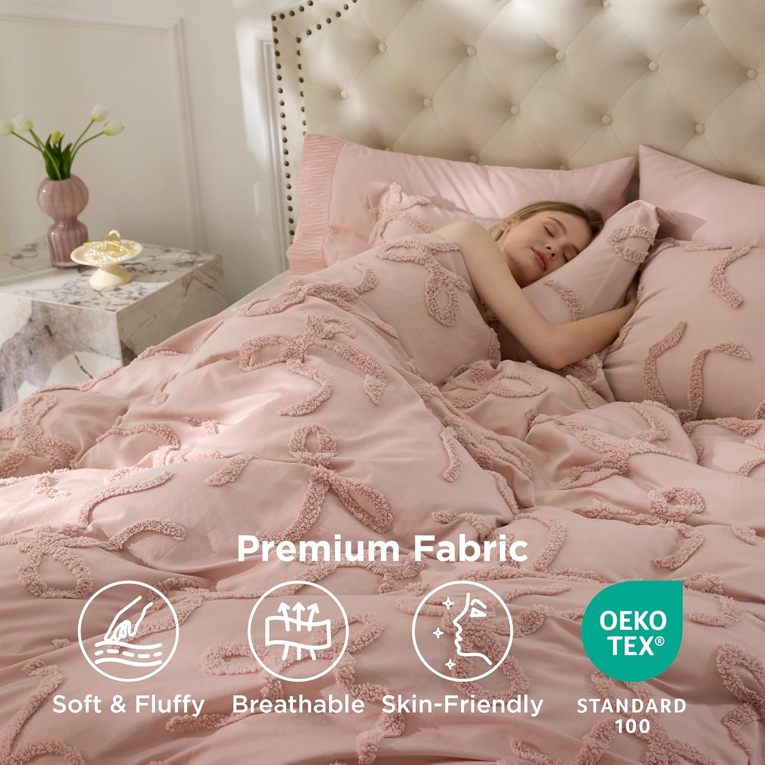 image:imageBedsure Pink King Size Comforter Set GentleSoft 3 Pieces Breathable Bow Comforter Set Women with 2 Pillow Shams Cute King Bedding Set Pink Room Decor Aesthetic Bedroom Decor 104x90 Inches04 Tufted Bow Rose Pink